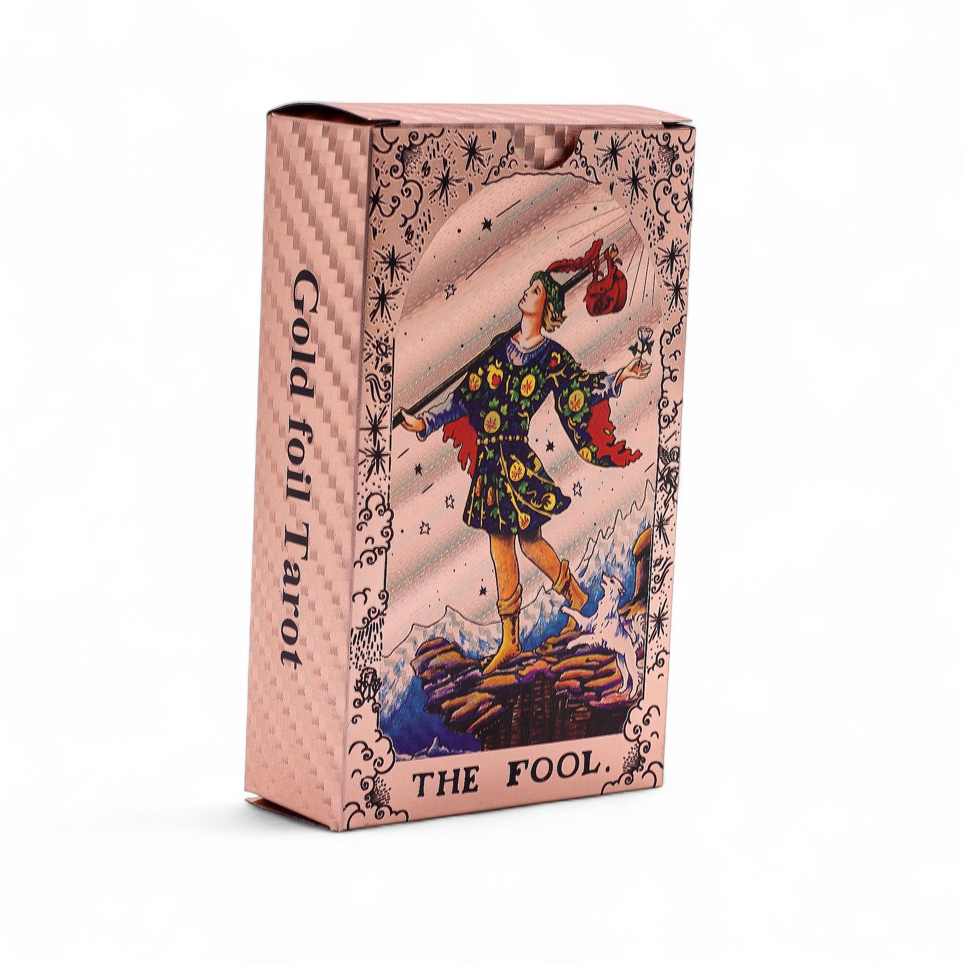 Rosegoldfarbene Tarotkartenbox mit der Abbildung von "The Fool" und dem Schriftzug "Gold foil Tarot".