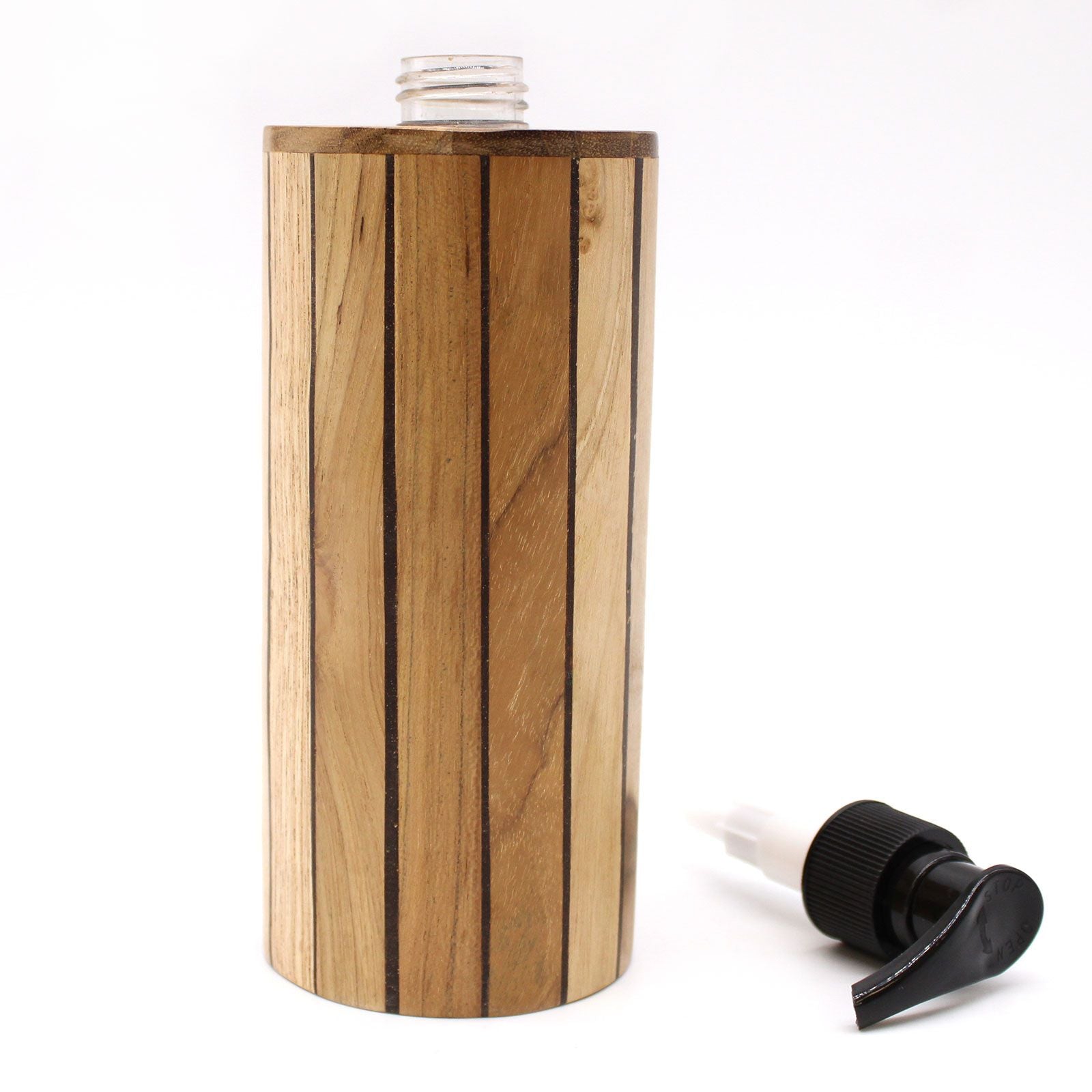 Natural teakwood soap dispenser with a pump.
