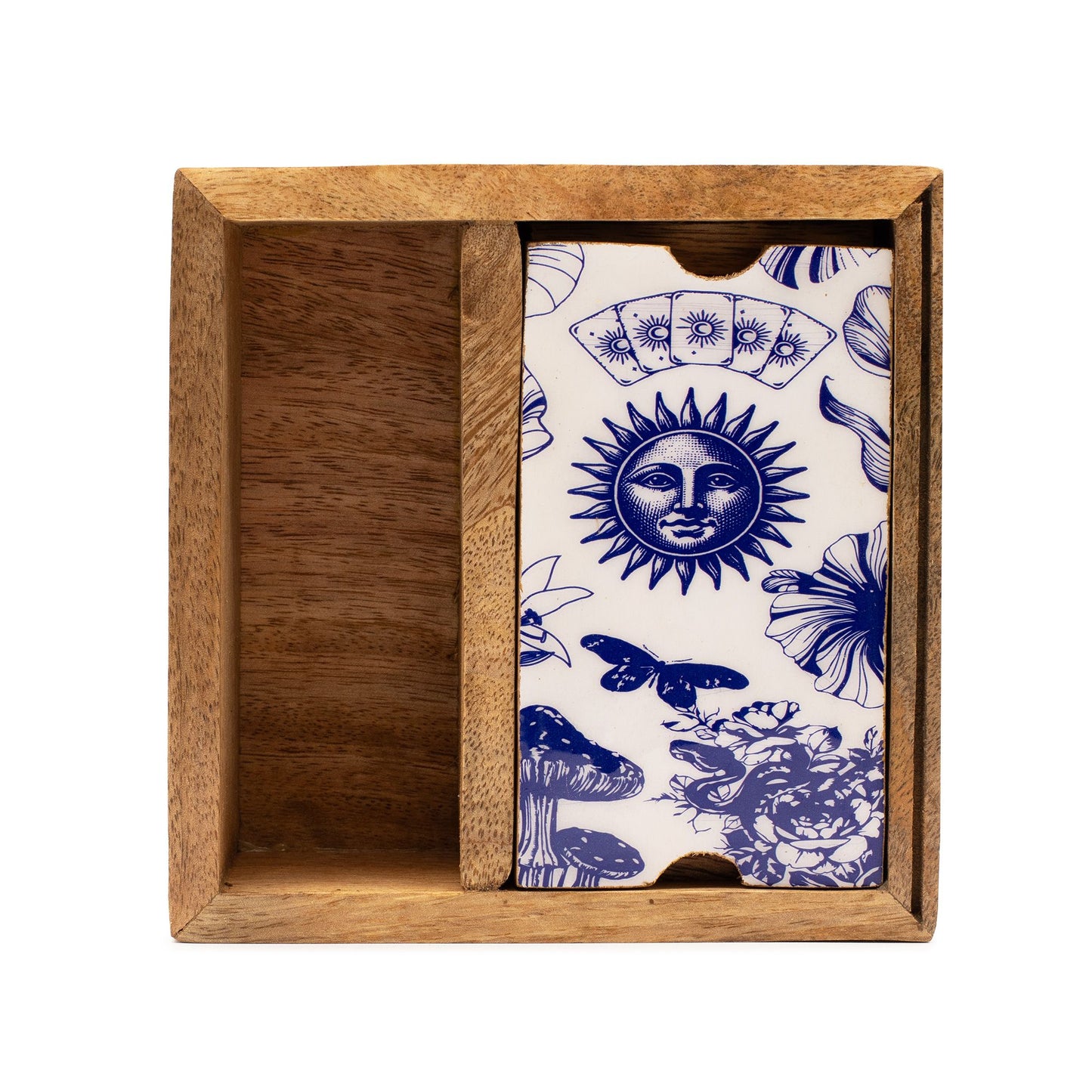Holzbox mit zwei Fächern und einem Kartenhalter mit blau-weißem Sonnensymbol-Design.