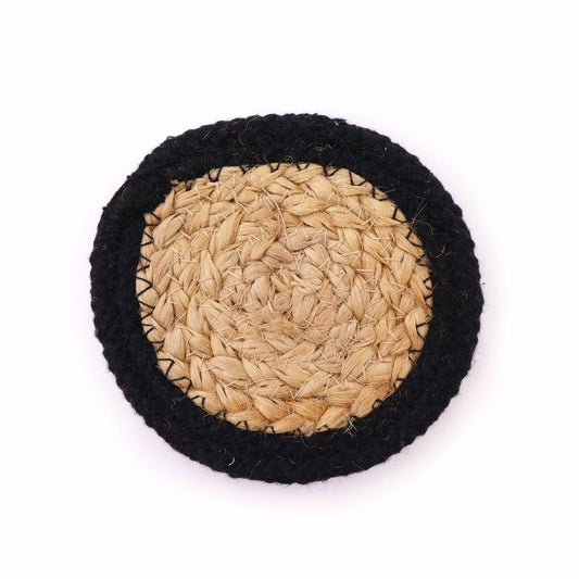 Round jute coaster with black border.