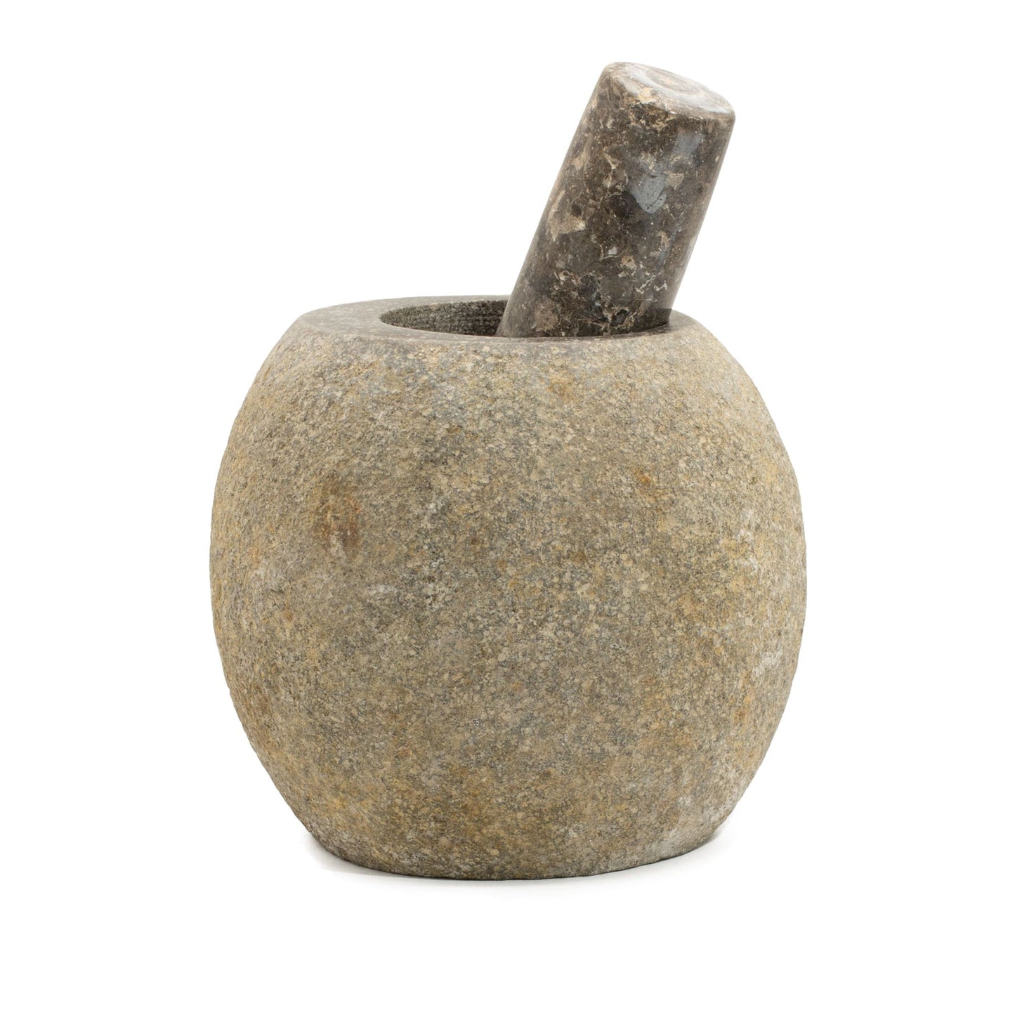 Großer handgefertigter Mörser mit Stößel aus grauem Naturstein.