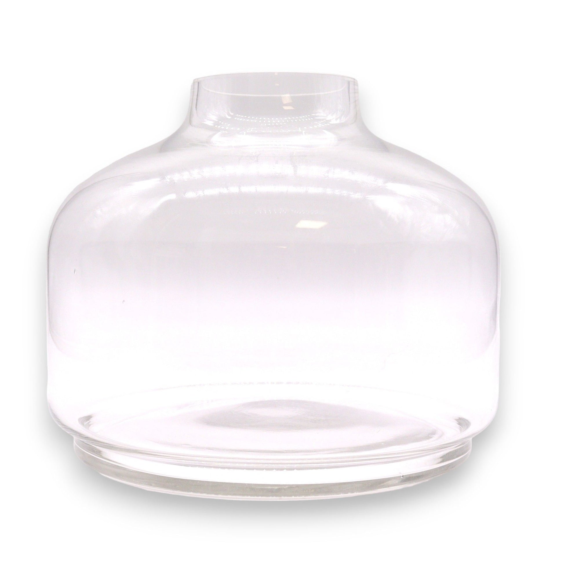 Clear glass bell jar with a wide base.