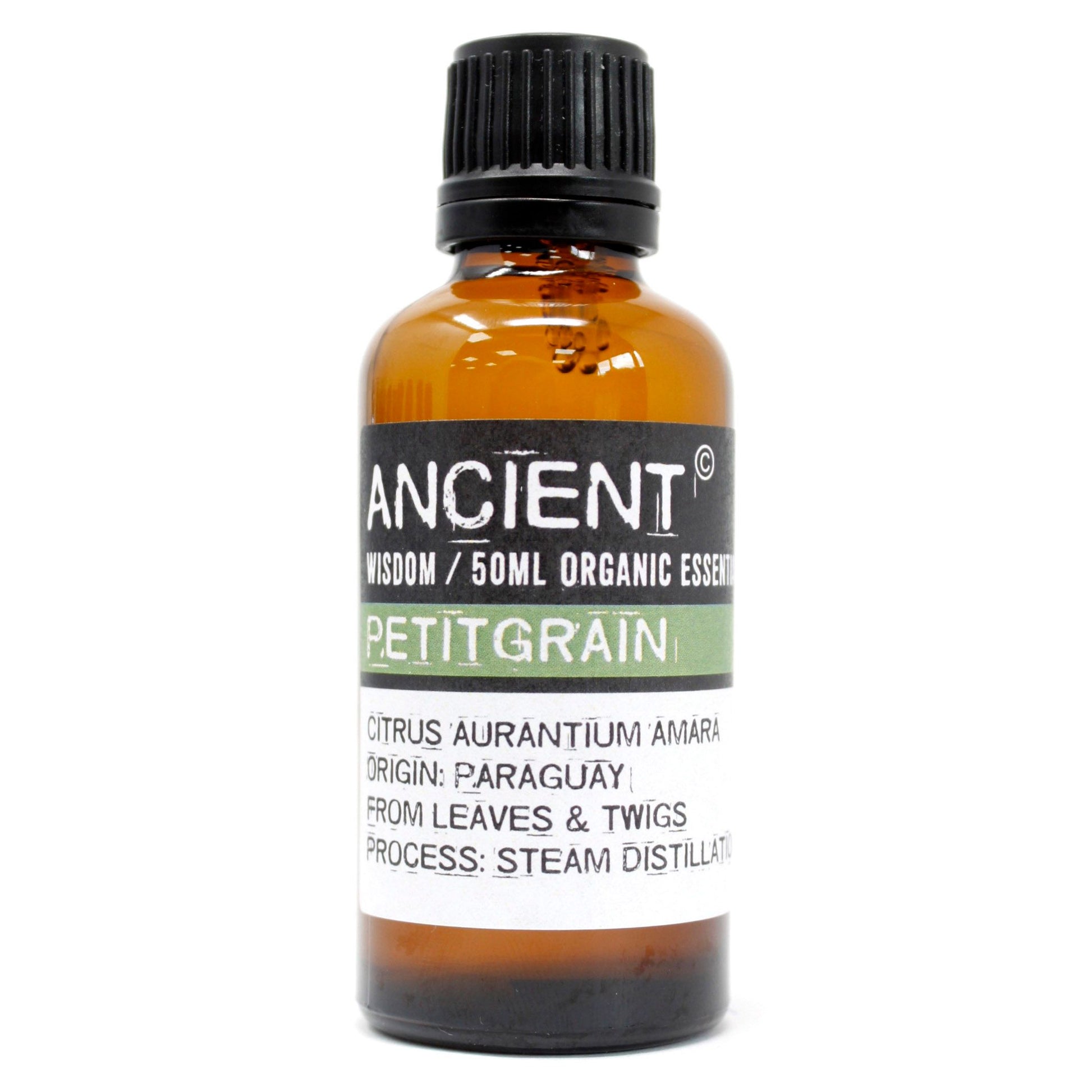 Amber glass bottle of Ancient Wisdom Petitgrain organic essential oil.