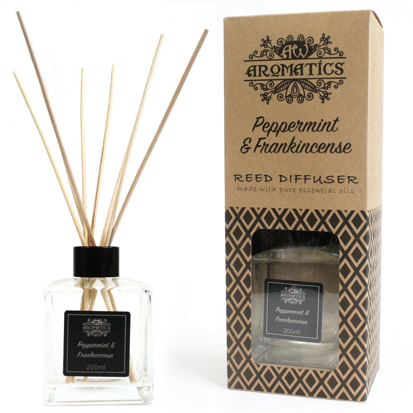 200ml Raumduft Peppermint & Frankincense mit Rattanstäbchen in Glasflasche.