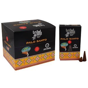Tribal Soul Palo Santo Räucherkegel in schwarzer Verpackung mit gelbem Muster.