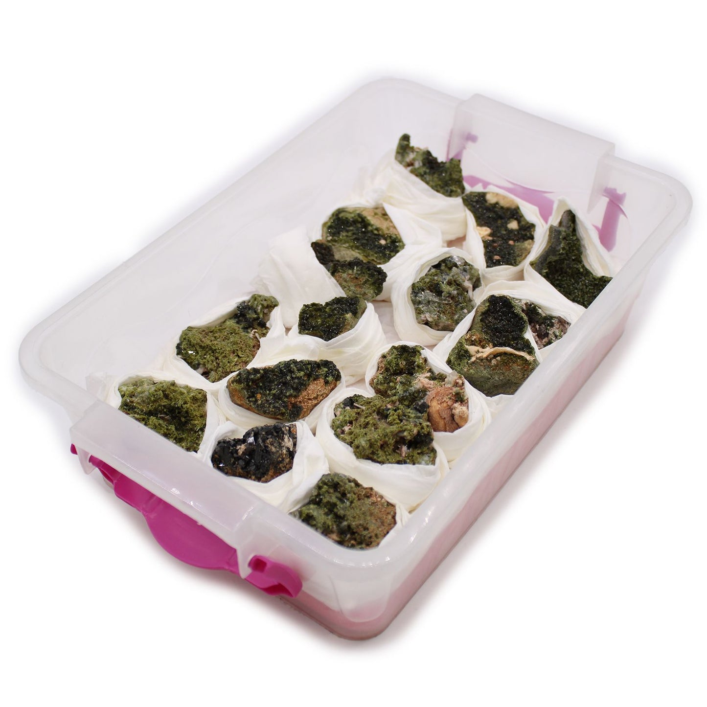 A clear plastic container filled with approximately 10 rough epidote stones wrapped in white paper.