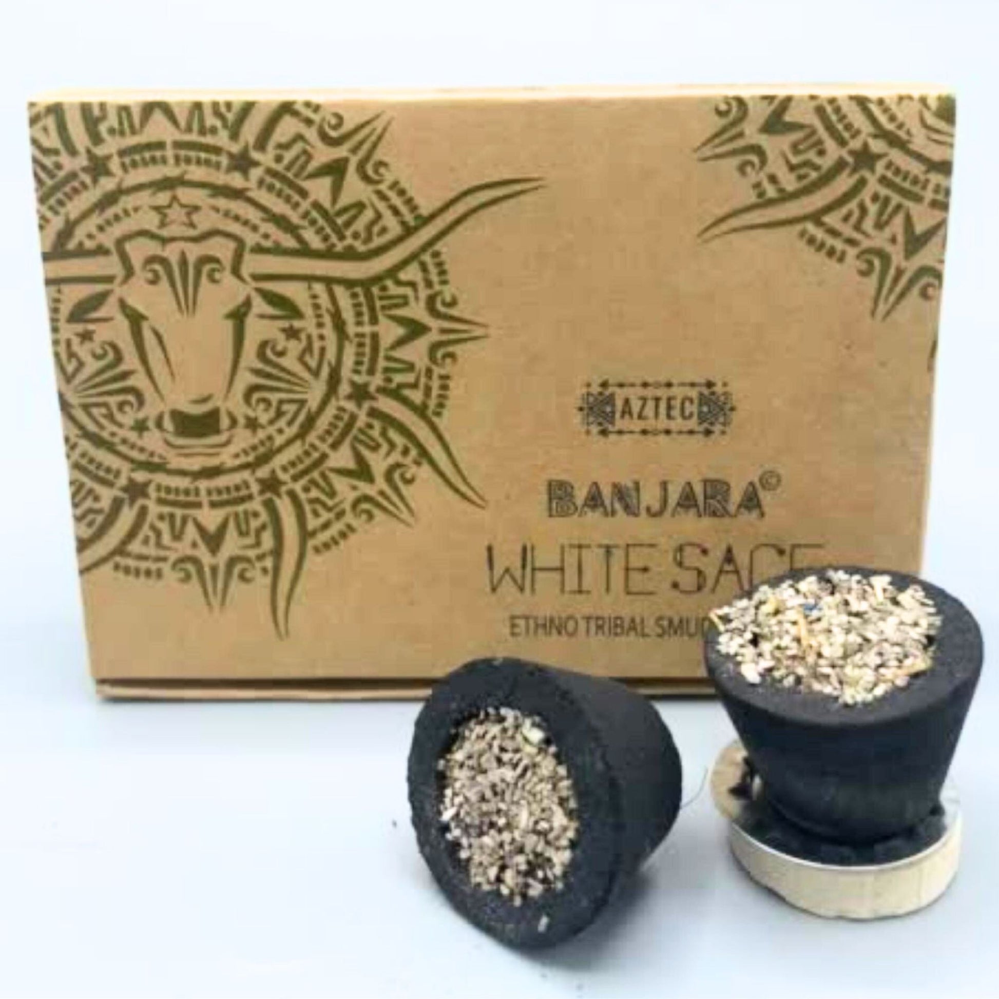 Räucher-Cups Weißer Salbei mit aztekischem Design auf der Verpackung.