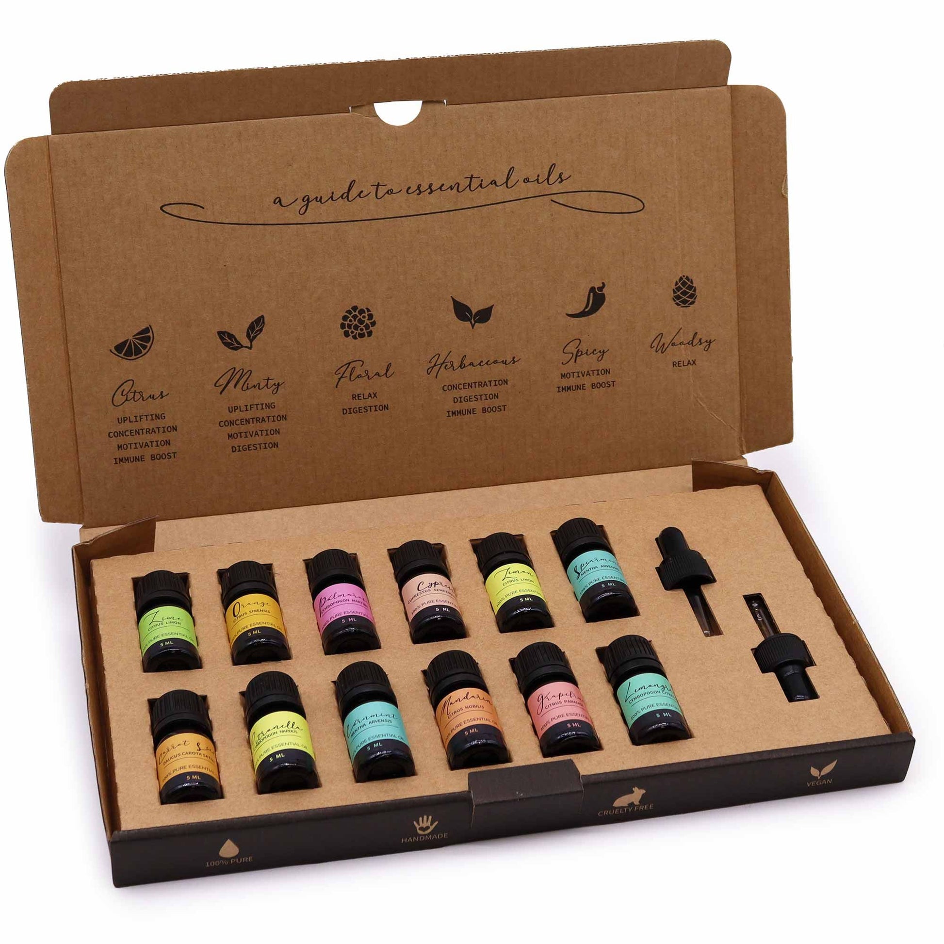 Aromatherapie-Set mit 12 ätherischen Ölen und zwei Pipetten.