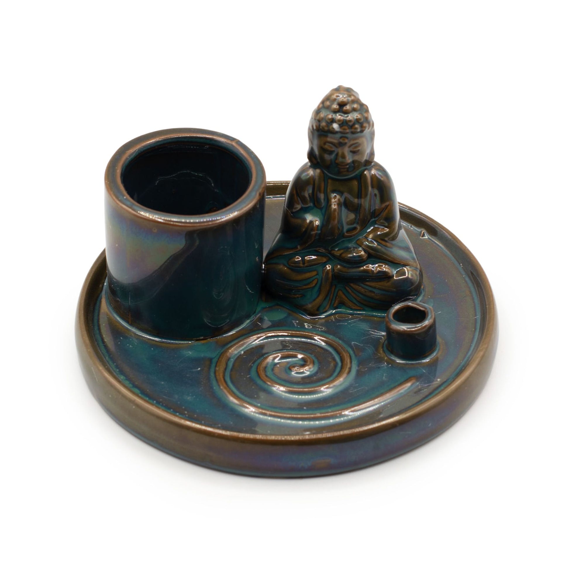 Keramik Räucherhalter mit Buddha-Figur für verschiedene Räucherformen.