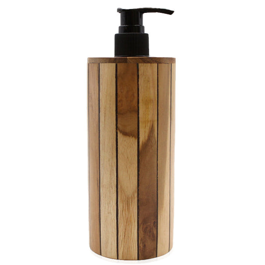 Natural teakwood soap dispenser with a black pump.