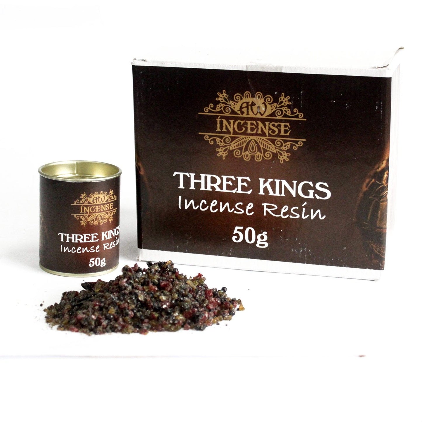 Three Kings Räucherharz in einer 50g Dose mit losem Harz daneben.