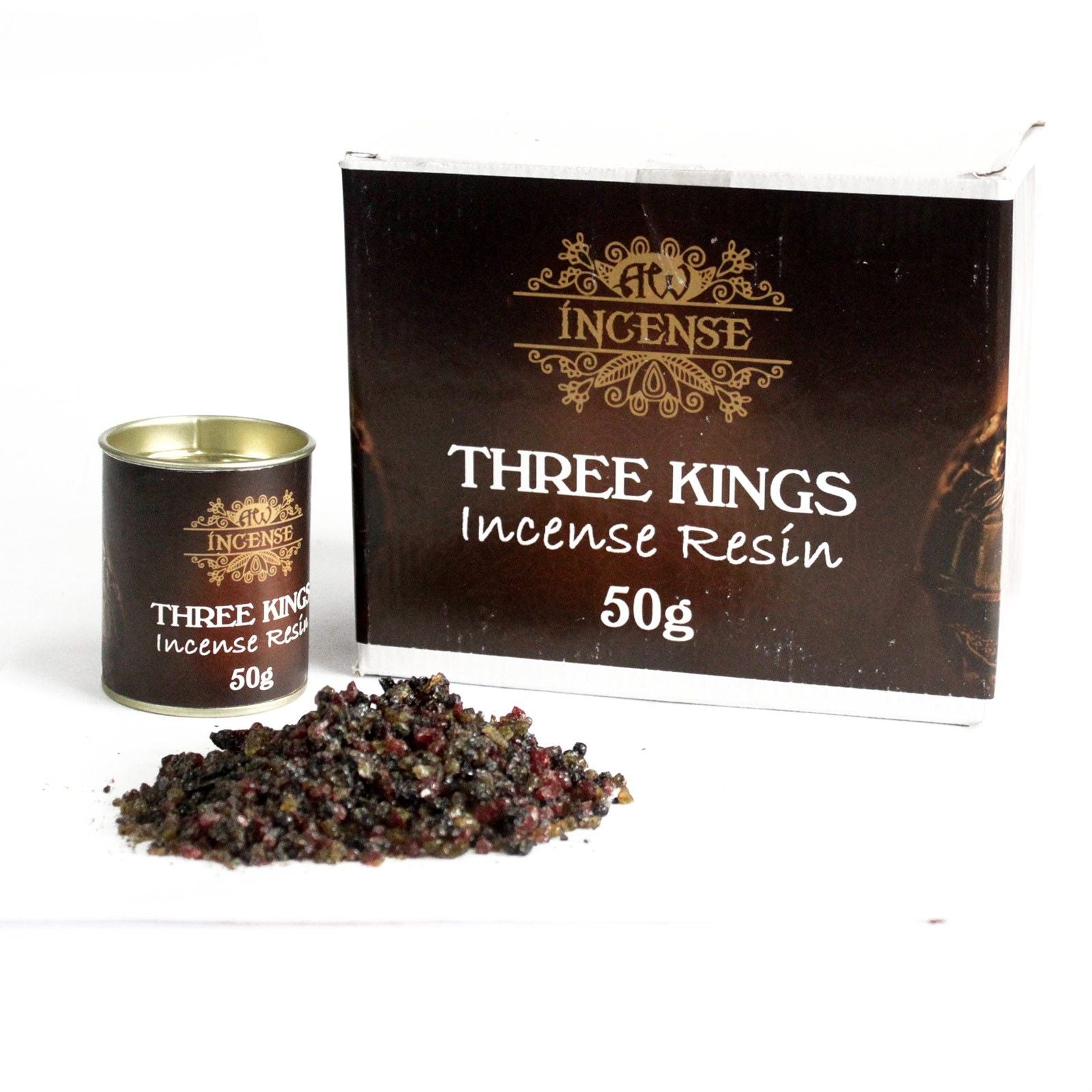 Three Kings Räucherharz in einer 50g Dose mit losem Harz daneben.