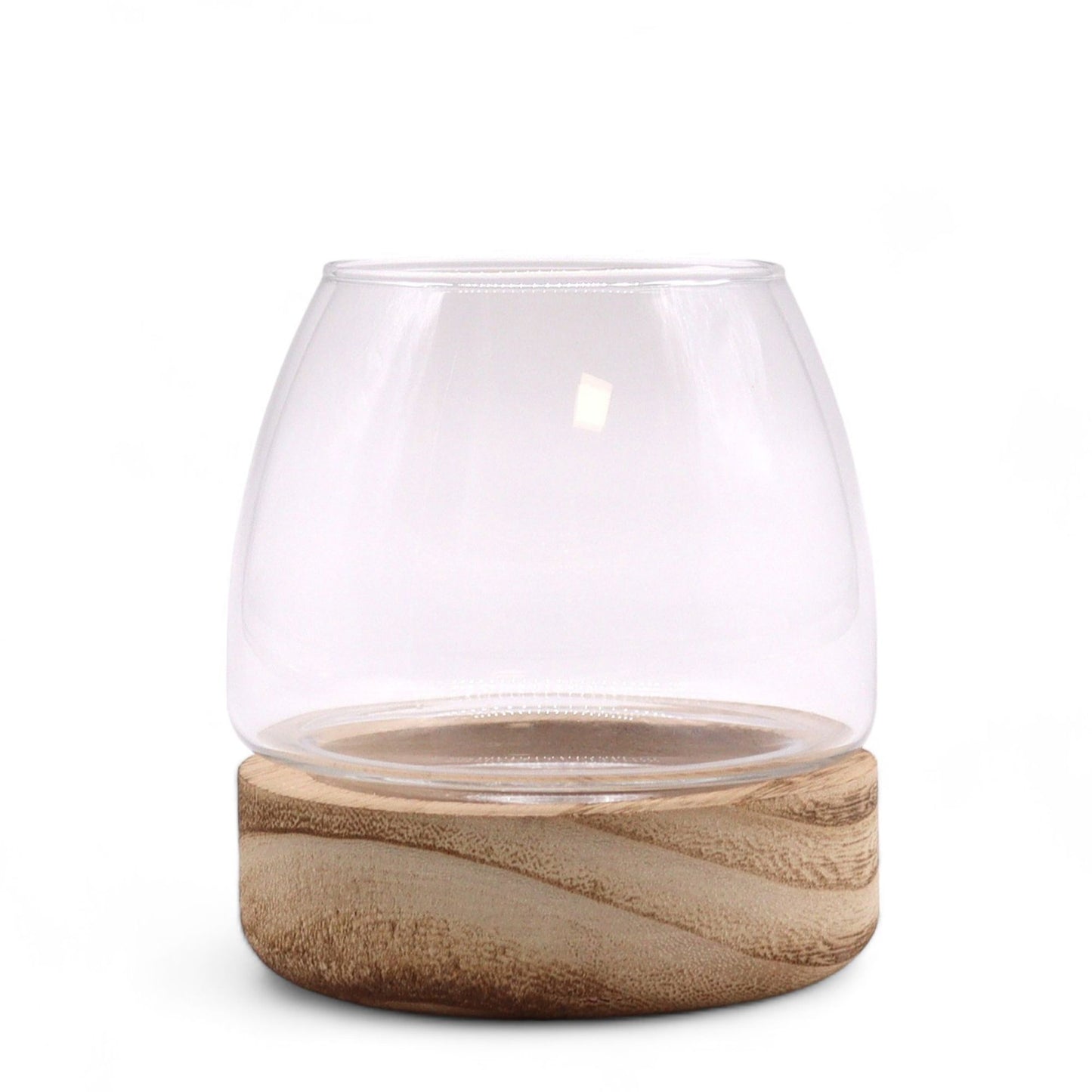 Glass terrarium with a natural tung wood base.