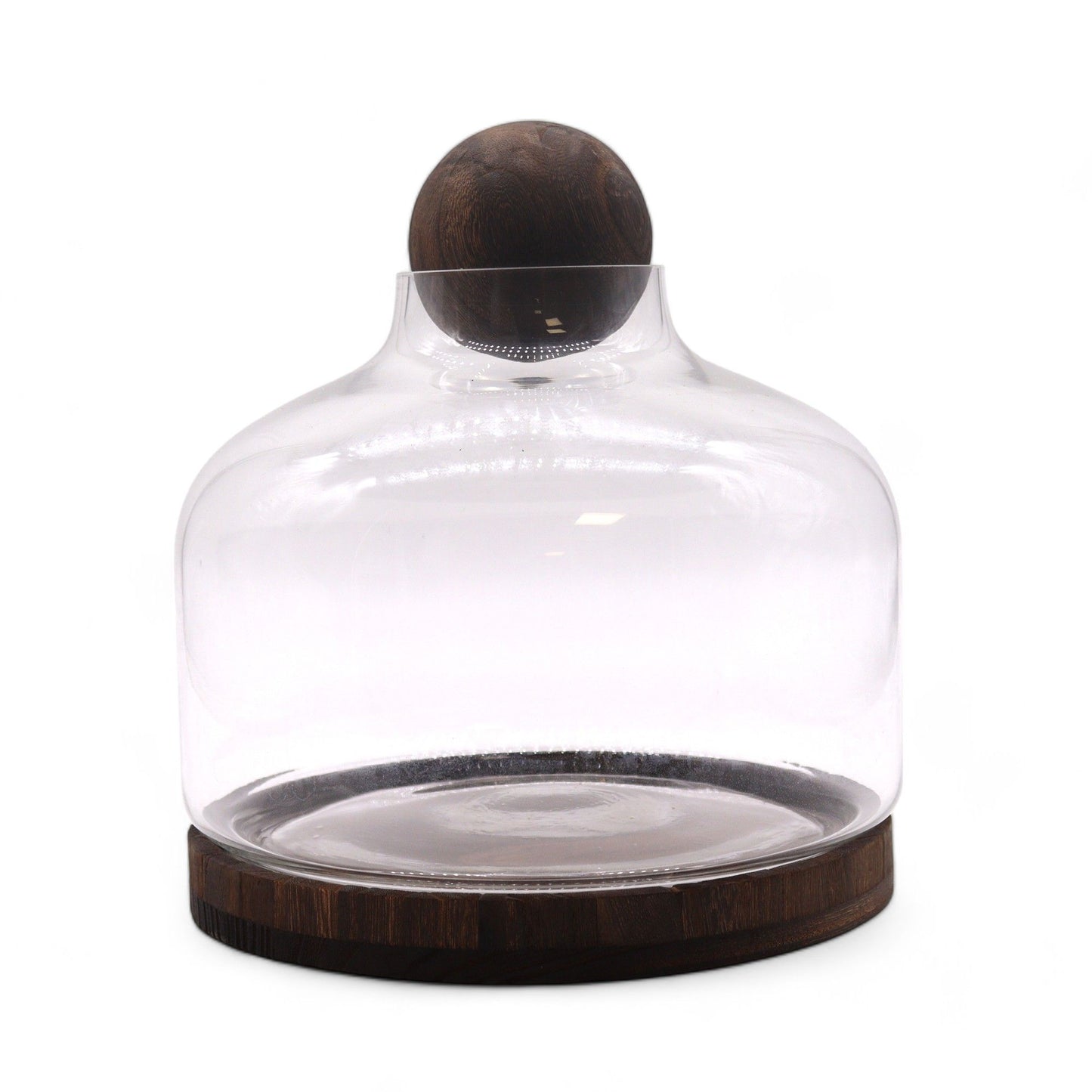 Extra large glass terrarium with a dark wood base and a wooden ball top.