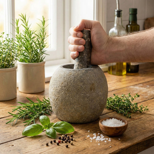 Handgefertigter großer Mörser mit Stößel aus Naturstein.