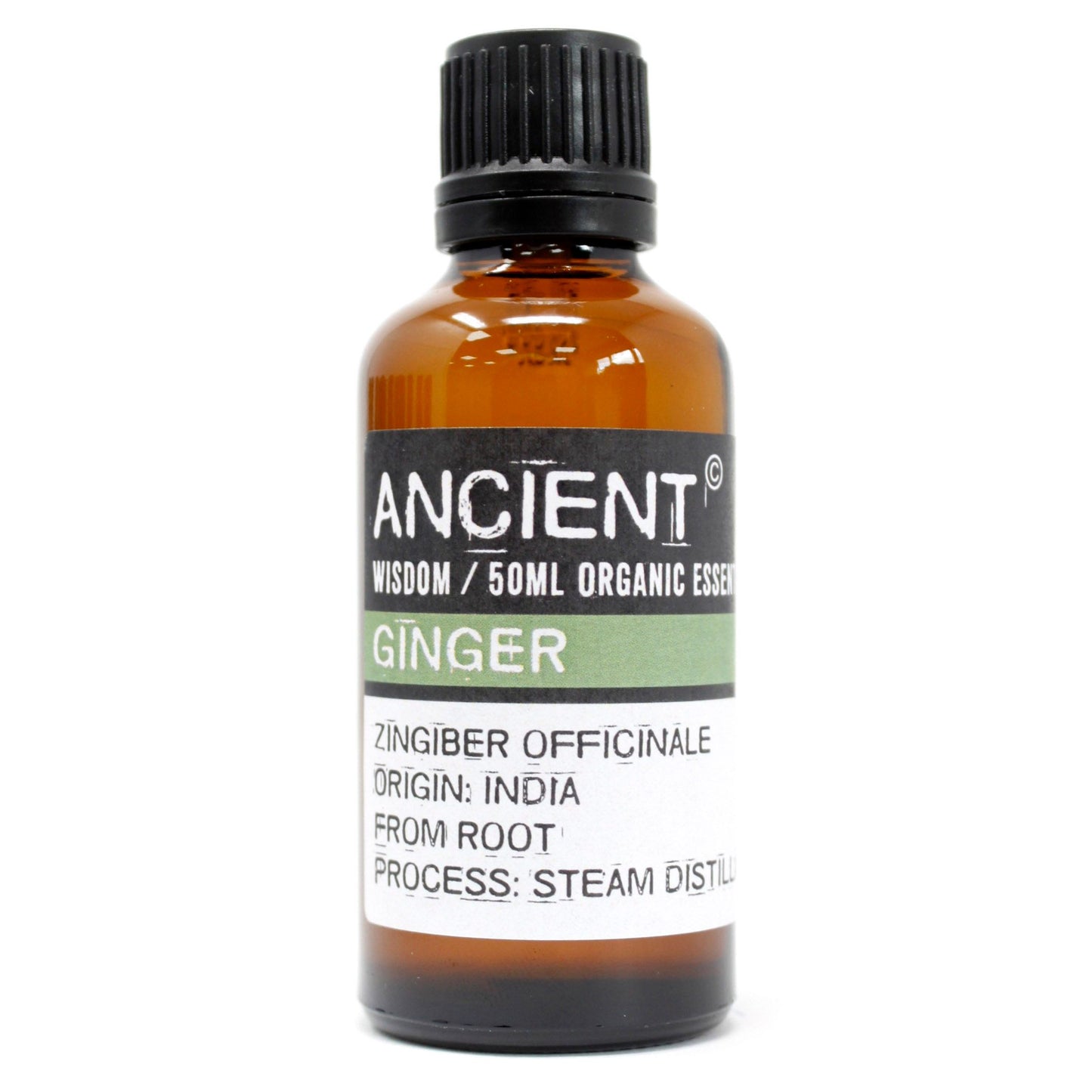 Amber glass bottle of Ancient Wisdom Ginger essential oil.