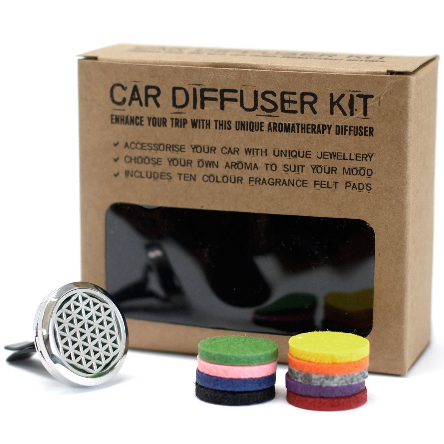 Auto-Aroma-Diffuser mit Lebensblumen-Design und 10 bunten Filzpads.