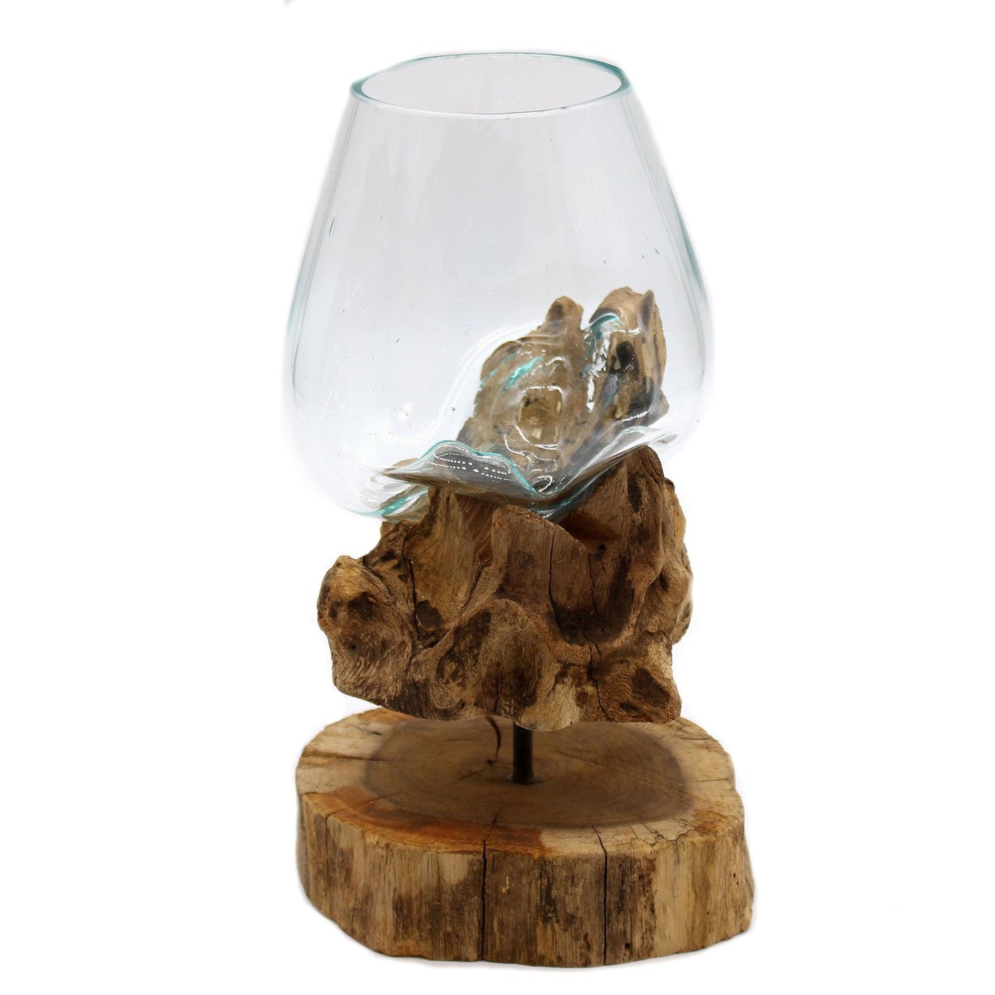 Molten glass bowl resting on a piece of driftwood, mounted on a wooden base.