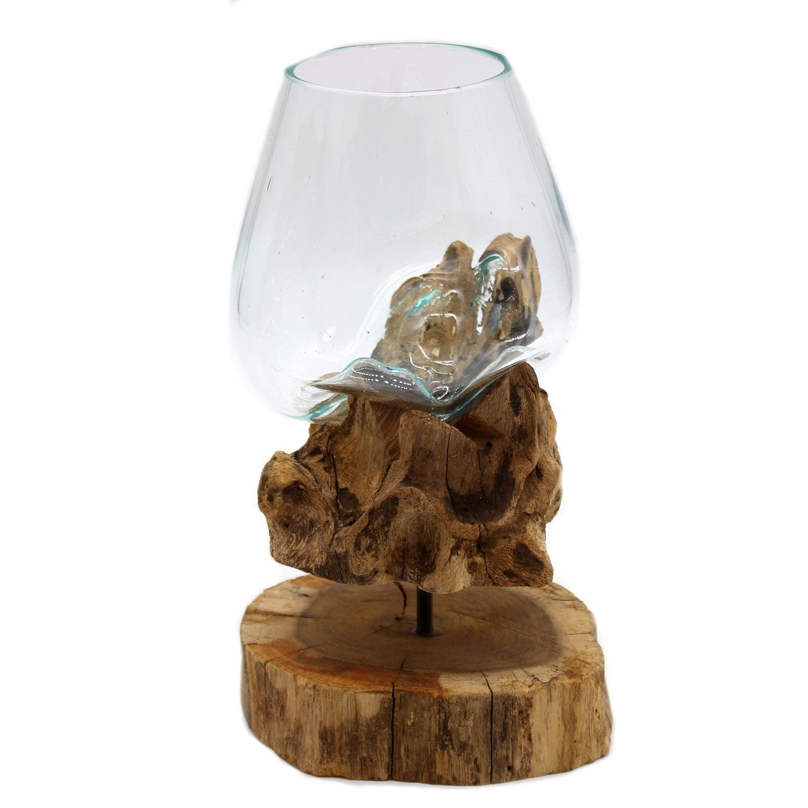 Molten glass bowl resting on a piece of driftwood, mounted on a wooden base.