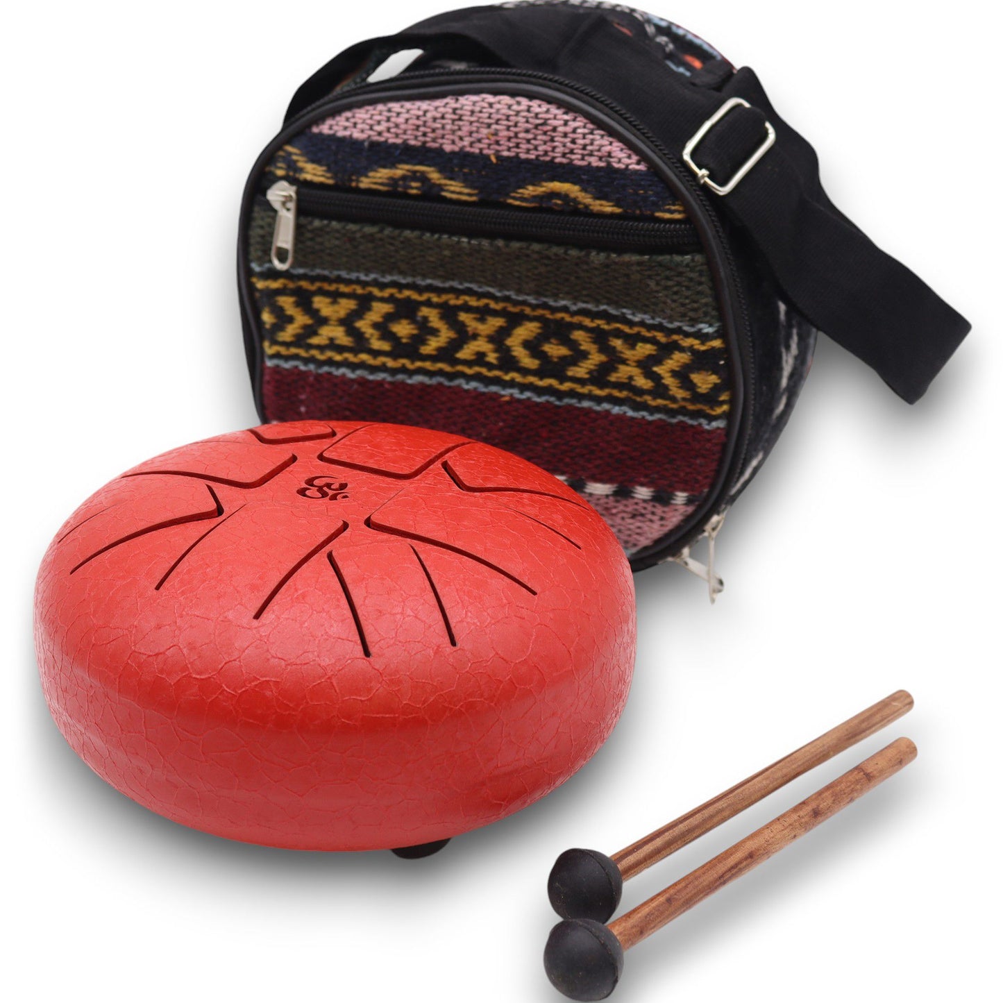 Rote Stahlzungentrommel mit Om-Symbol, Tasche und Schlägeln
