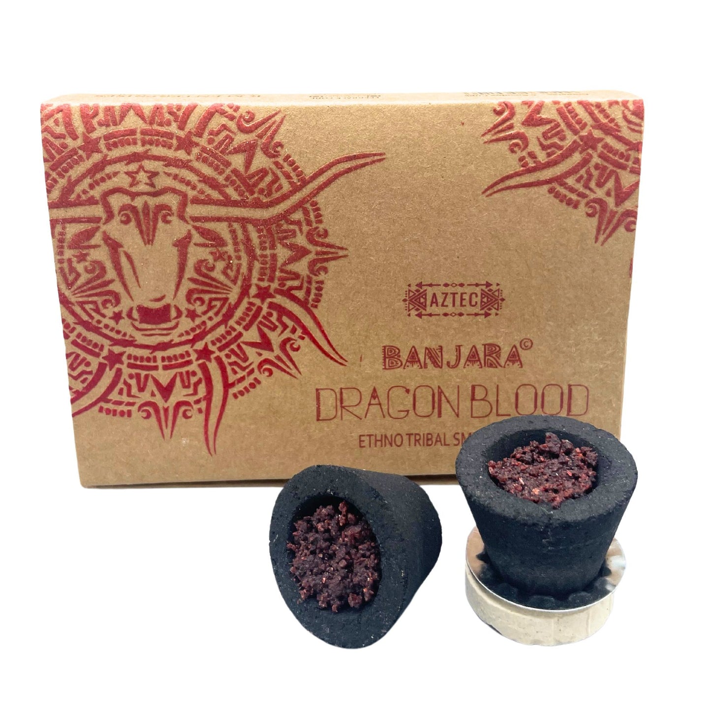 Räucherharz-Cups Drachenblut mit Ethno-Tribal-Design auf der Verpackung.