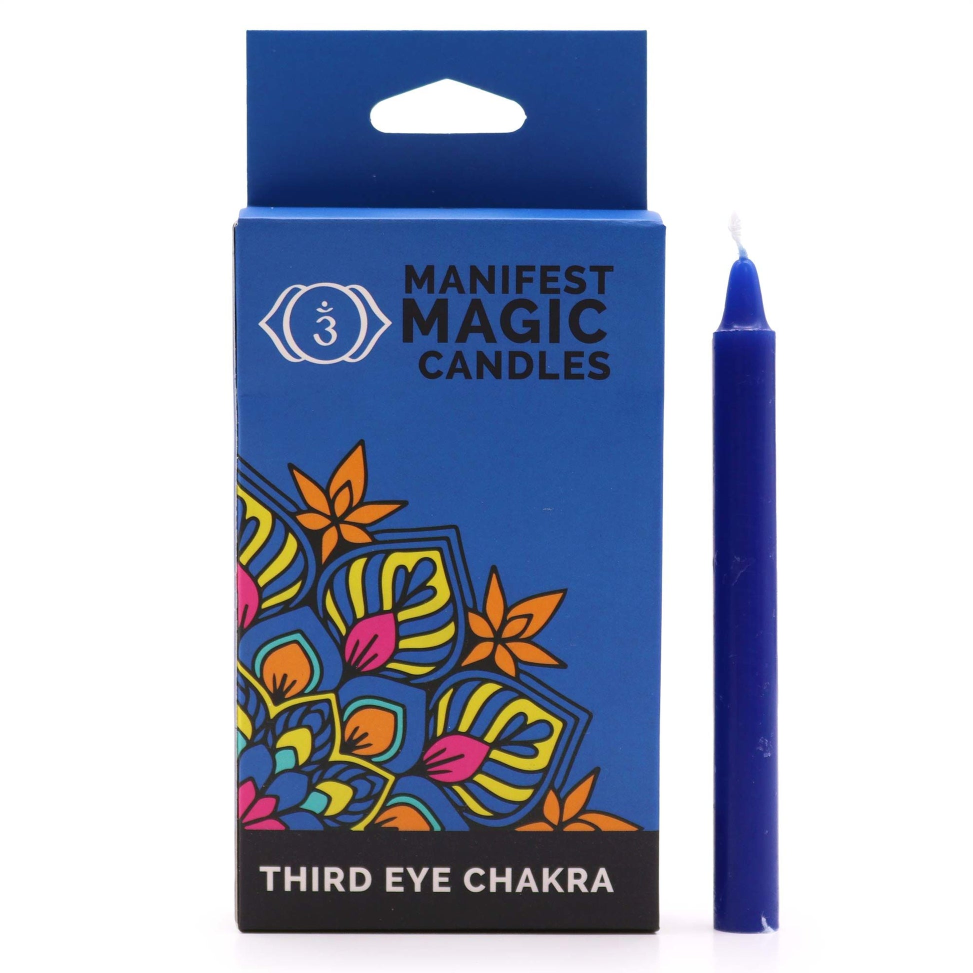 Blaue Manifestationskerze mit "Third Eye Chakra" Aufdruck auf der Verpackung.