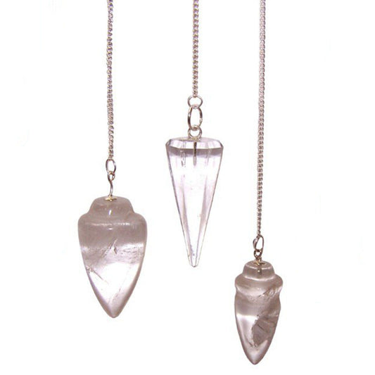 Three clear quartz crystal pendulums hang from silver chains.