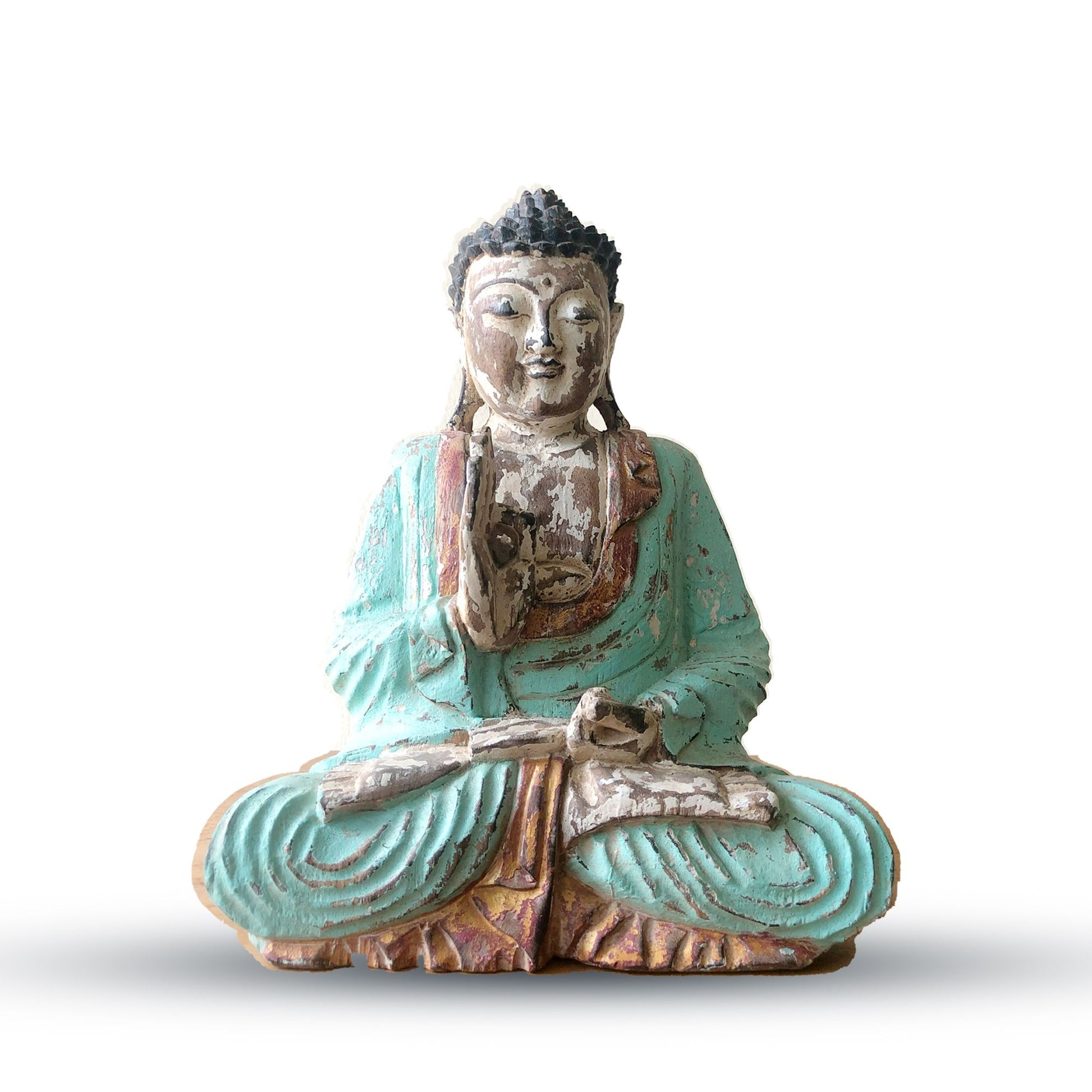 Vintage mint hand-carved Buddha statue in teaching transmission pose.
