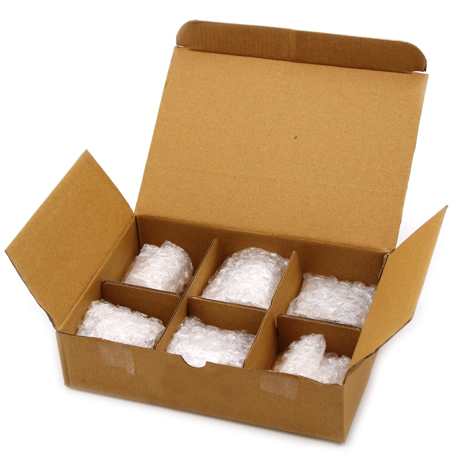 Offener Karton mit sechs Fächern, die jeweils mit einem Stein in Luftpolsterfolie verpackt sind.