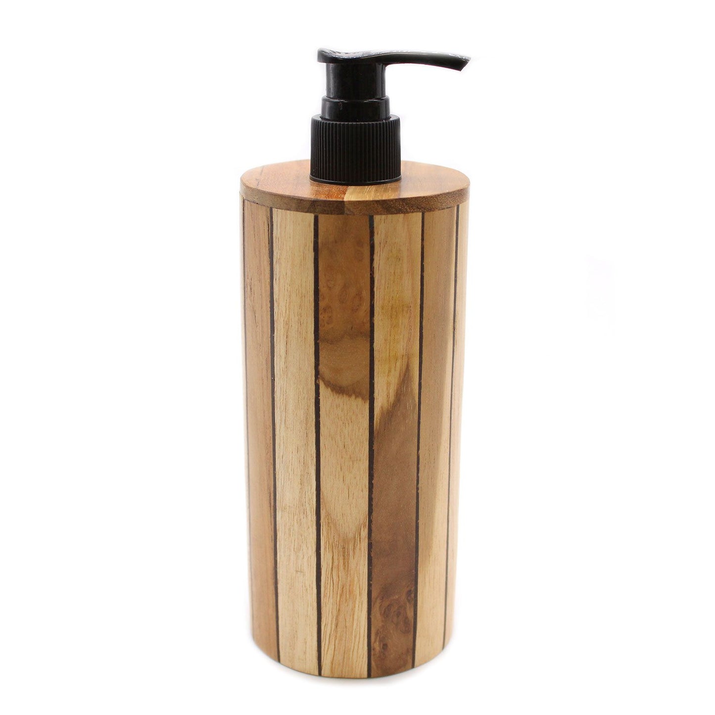 Natural teakwood soap dispenser with a black pump.