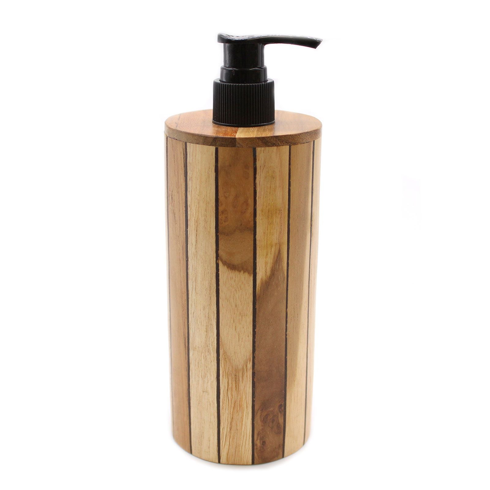 Natural teakwood soap dispenser with a black pump.