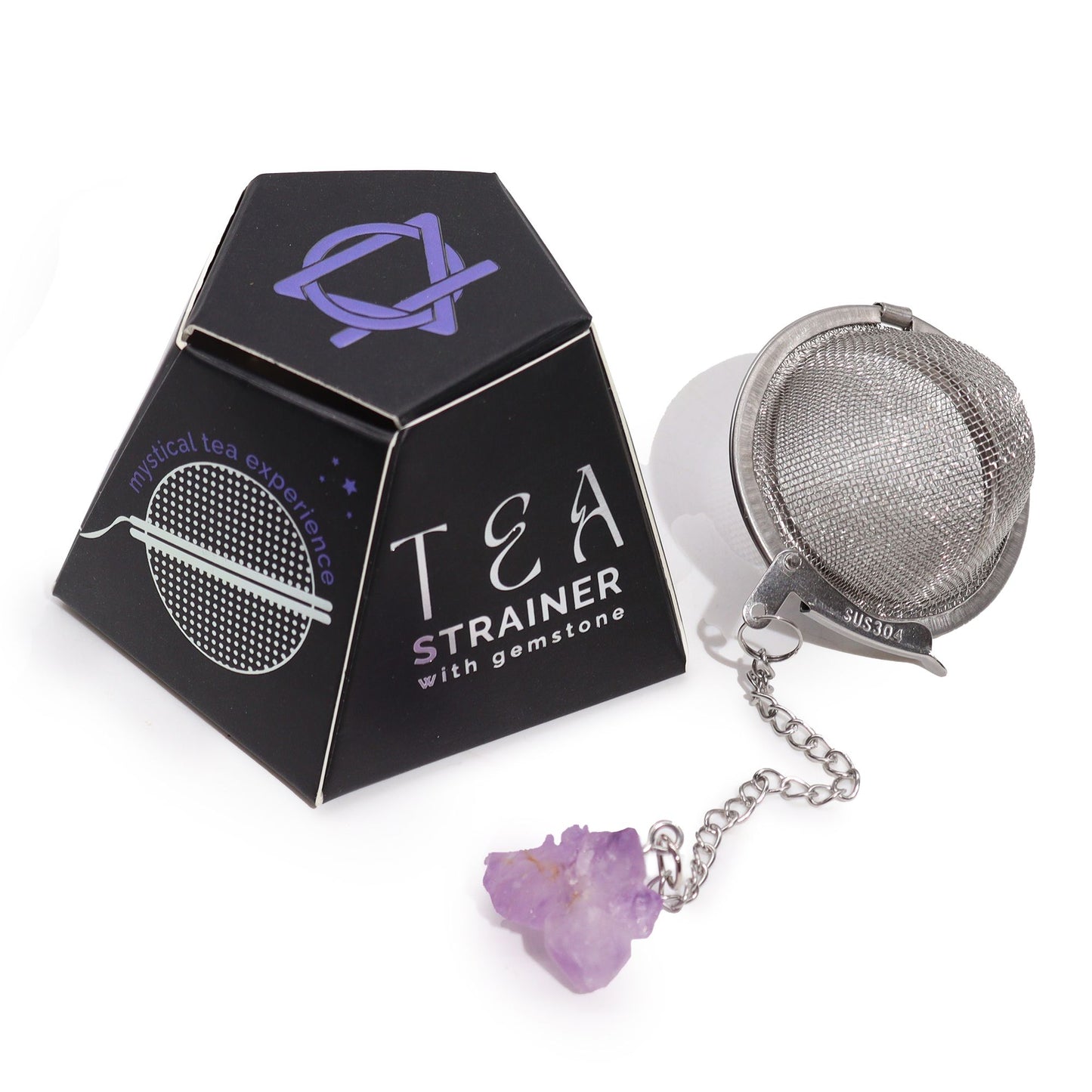 Teesieb aus Edelstahl mit Amethystanhänger und schwarzer Geschenkbox.