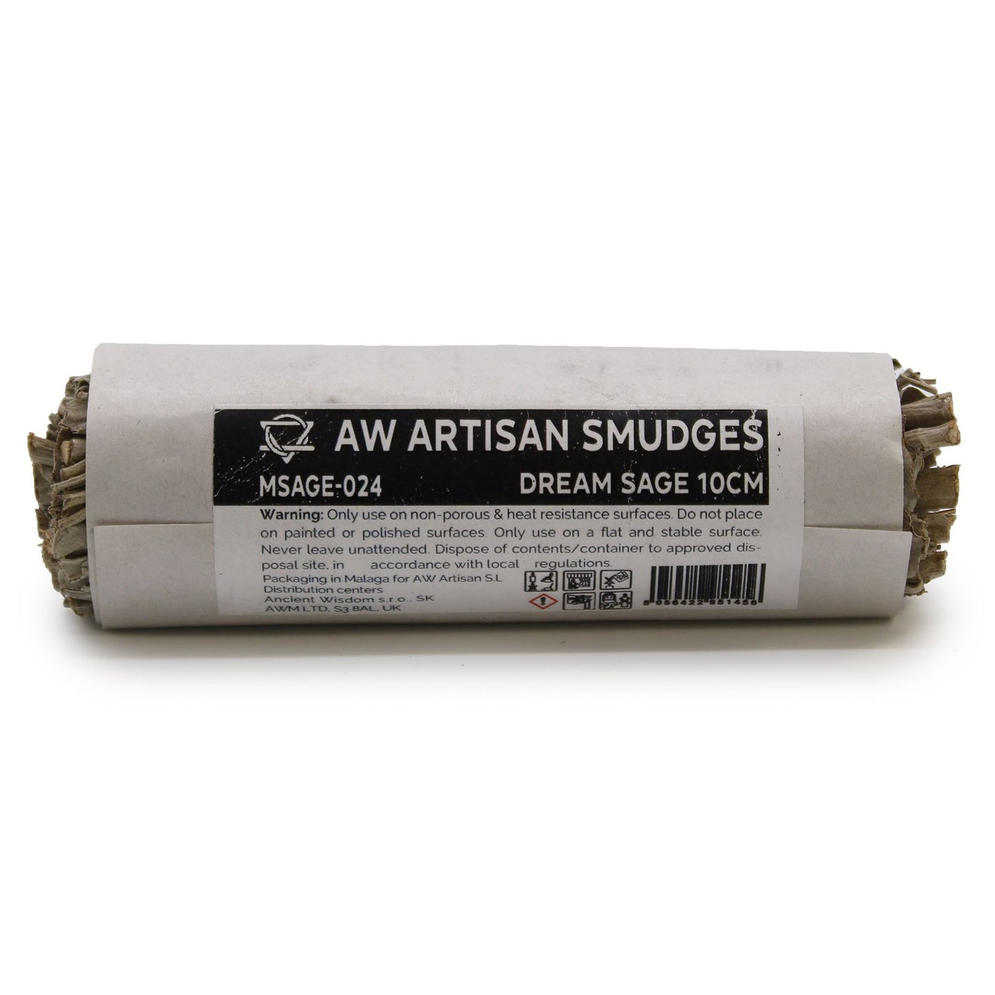A 10cm smudge stick wrapped in paper with "AW ARTISAN SMUDGES DREAM SAGE" printed on it.