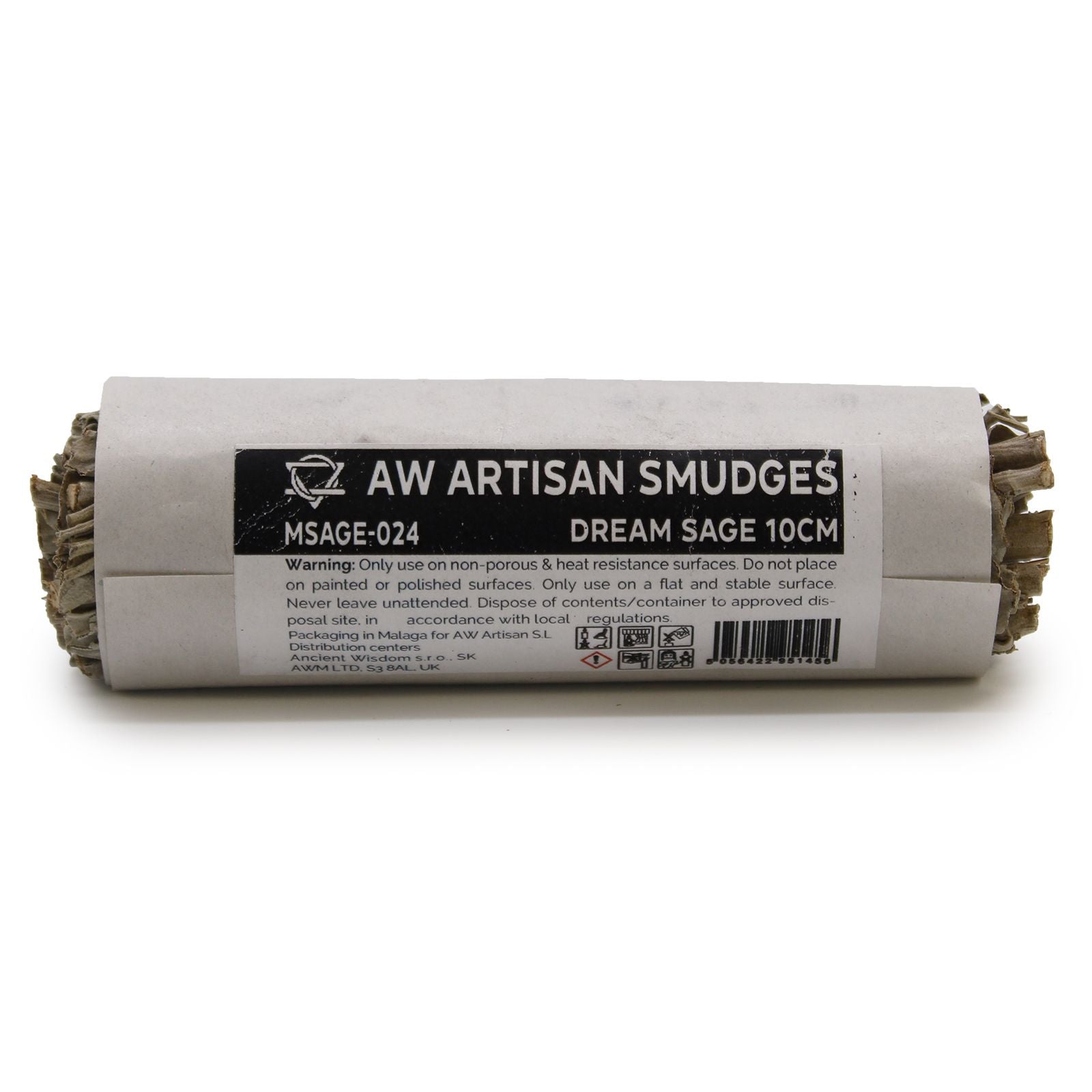 A 10cm smudge stick wrapped in paper with "AW ARTISAN SMUDGES DREAM SAGE" printed on it.