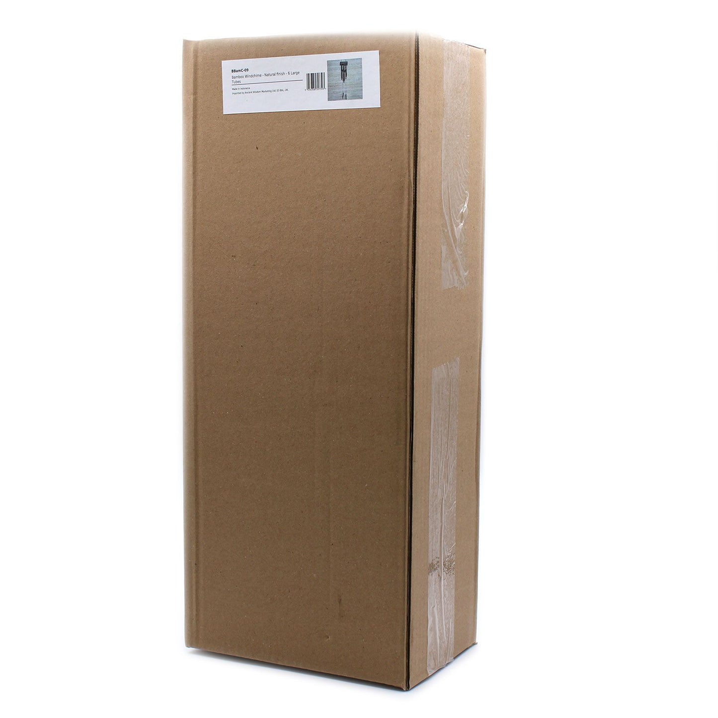 A cardboard box with a label for a bamboo windchime with 6 medium tubes.