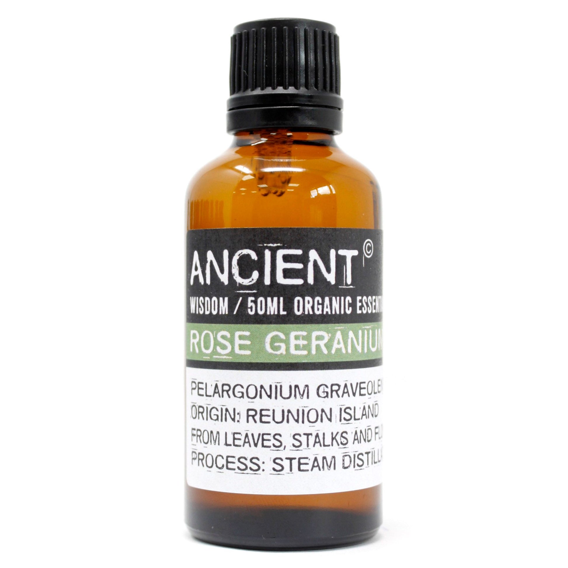 Amber glass bottle of Ancient Wisdom Rose Geranium organic essential oil.