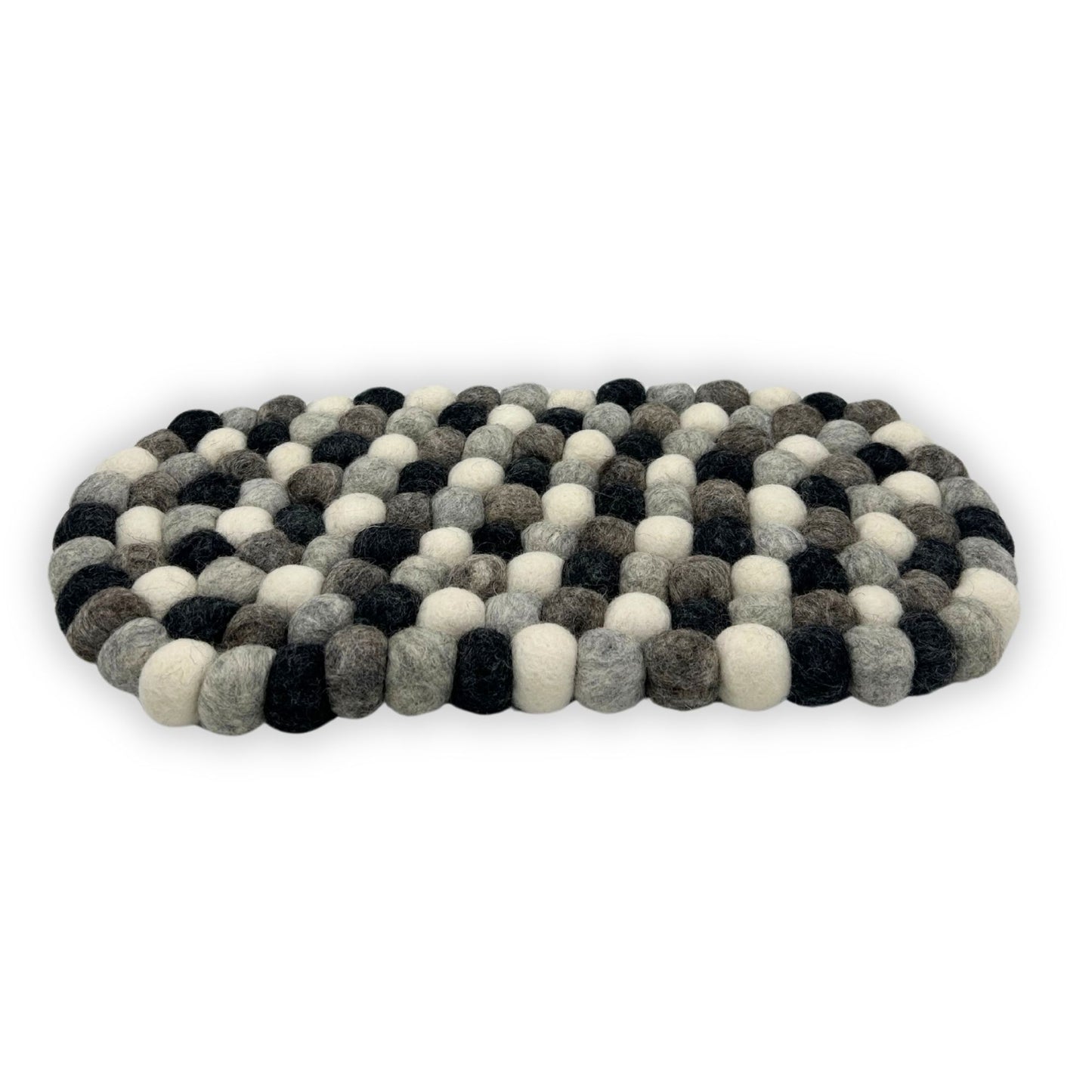 Oval felt ball mat in multi-grey colors.