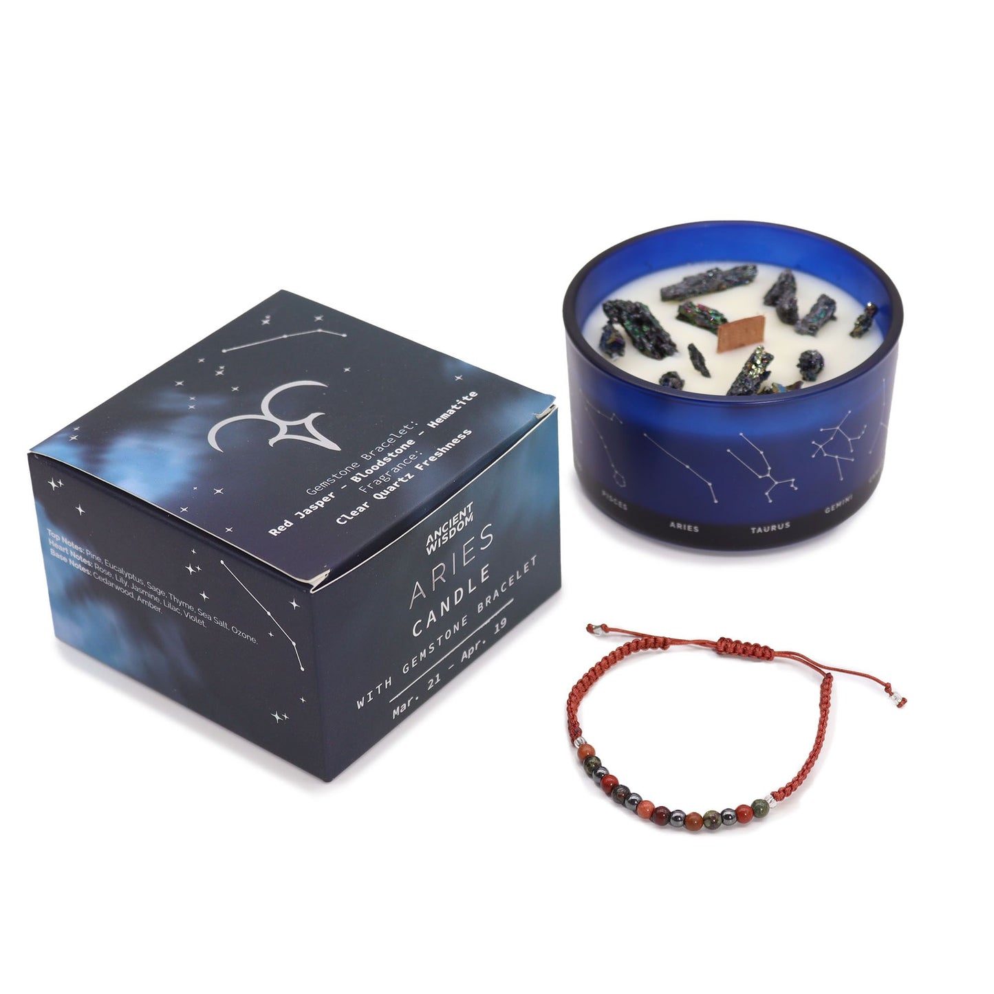 Sternzeichen-Kristallkerze Widder mit Edelsteinarmband und Sternbild-Box.