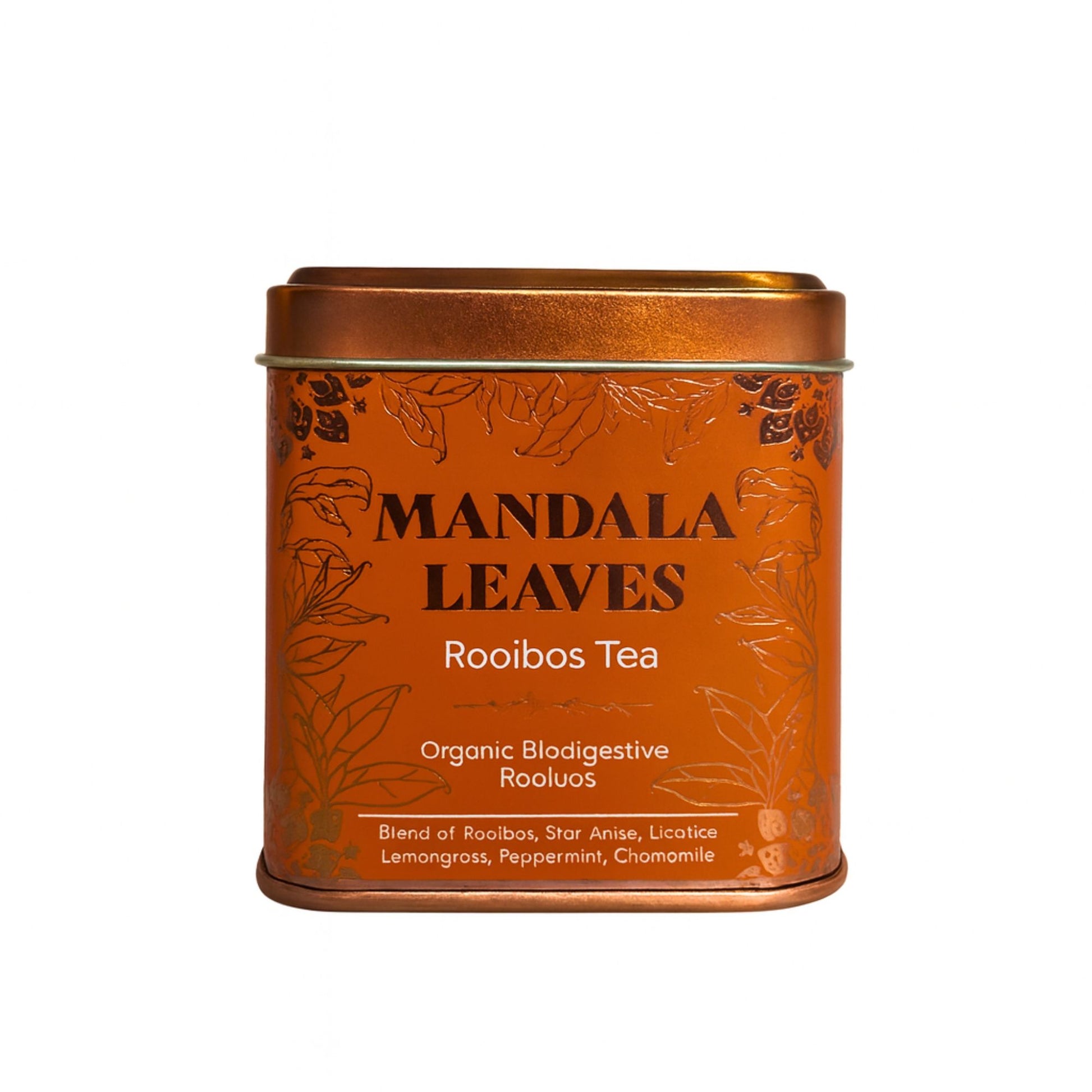 Orange tin of Mandala Leaves Rooibos Tea with leaf design.