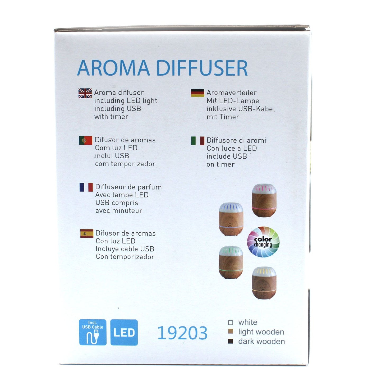 Aroma diffuser with USB, LED light, and timer, available in white, light wood, and dark wood finishes.