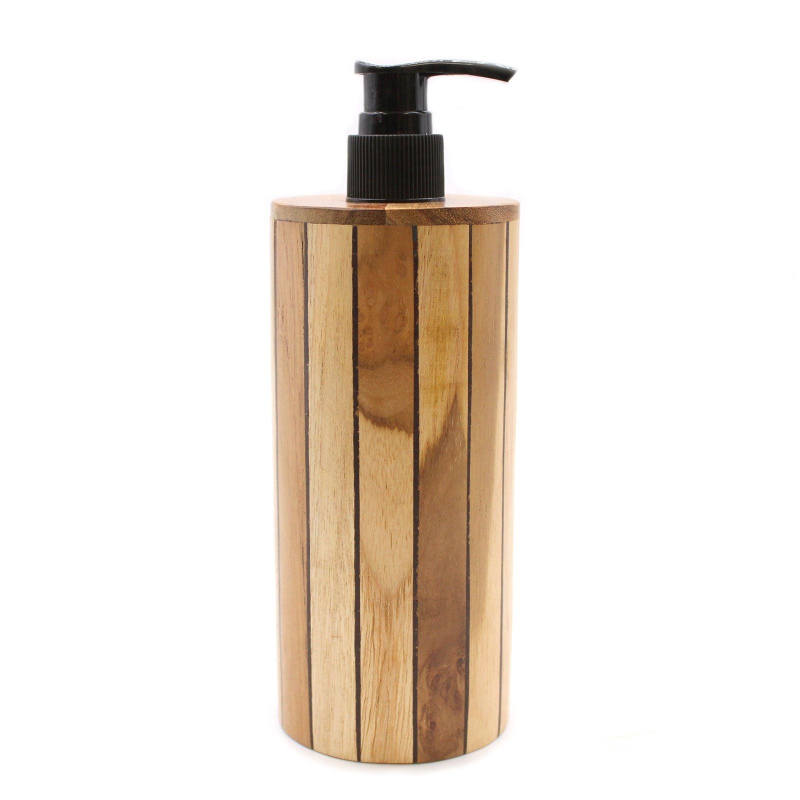 Natural teakwood soap dispenser with a black pump.