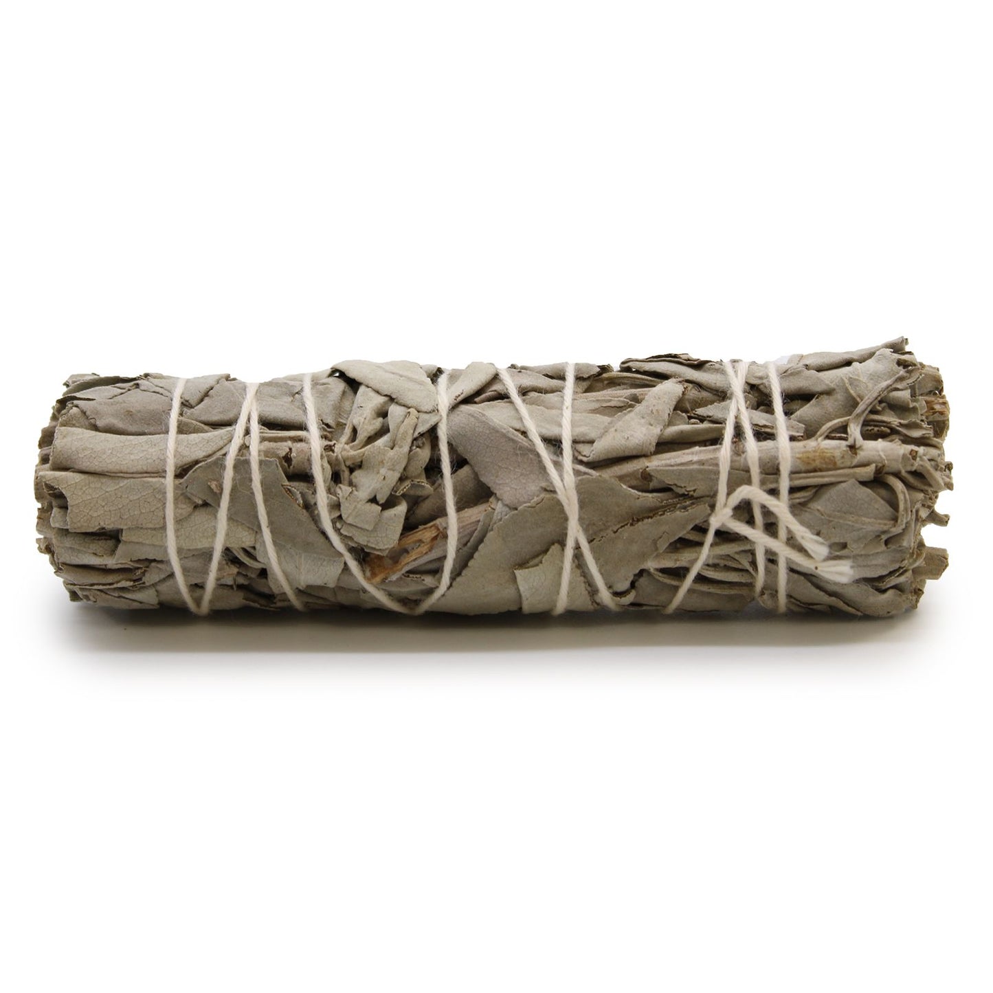 A bundle of dried sage leaves tied with white string.