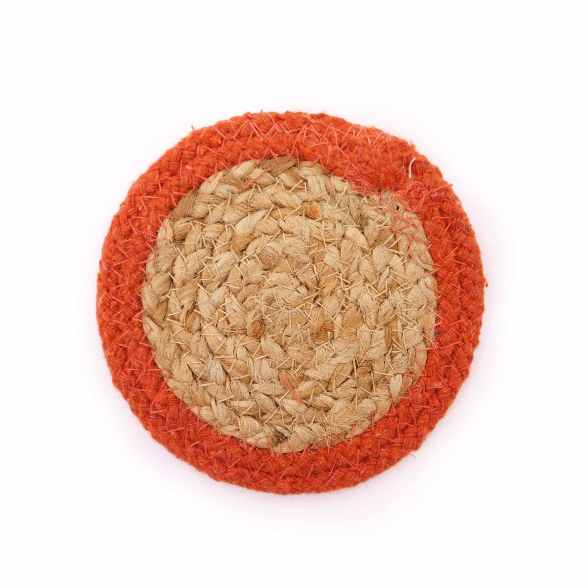 Round jute and cotton coaster with a clay border.