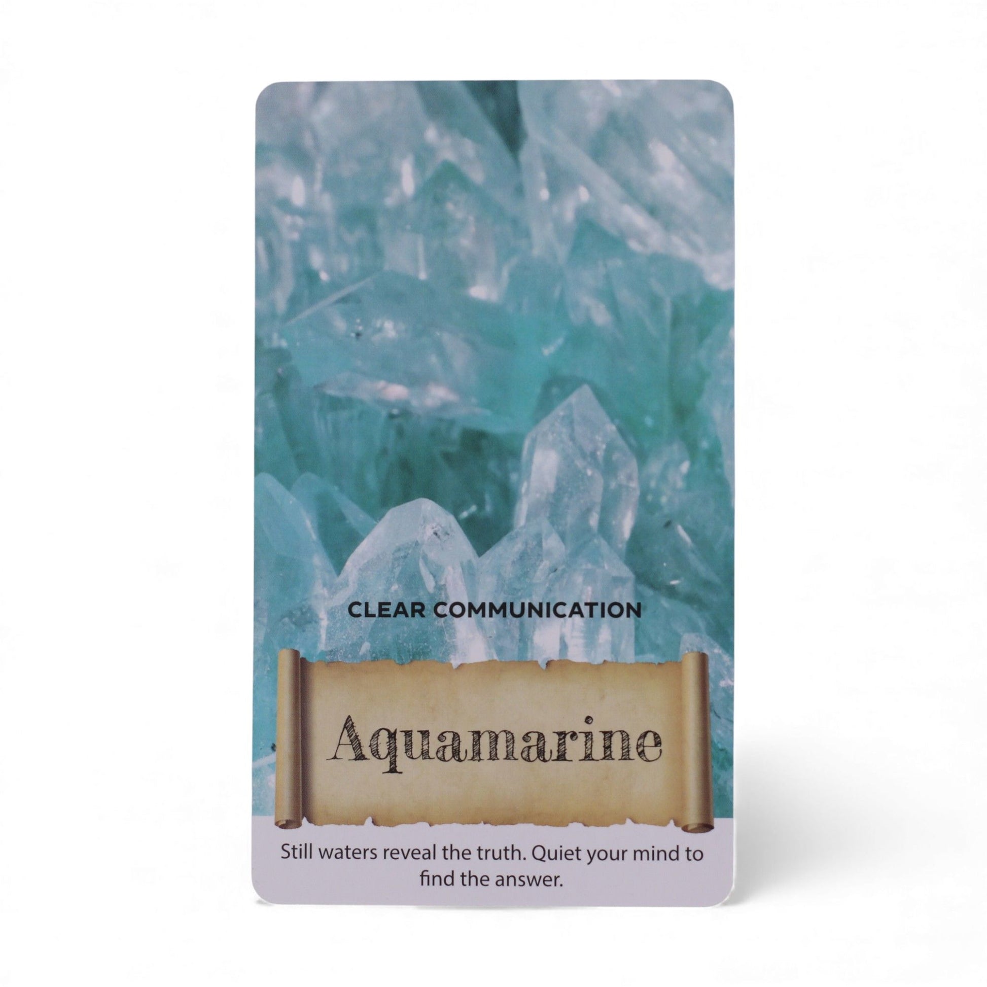 Eine Orakelkarte mit Aquamarin und der Botschaft "Clear Communication".