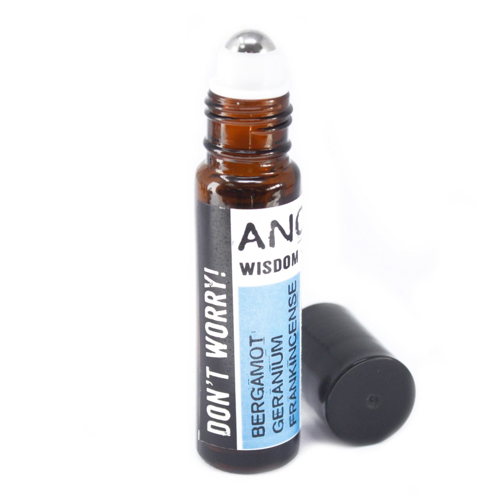 10ml roll-on bottle with "Don't Worry!" label and essential oil ingredients.