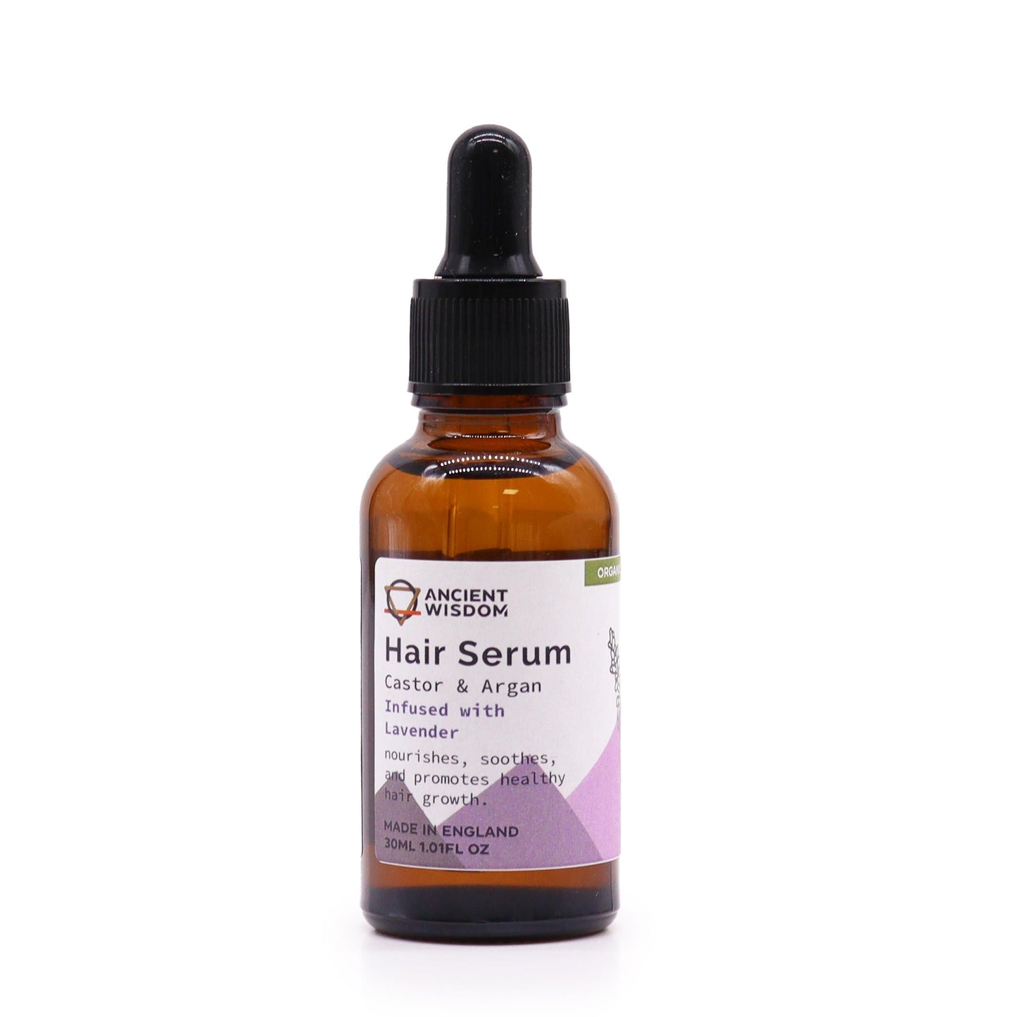 Bio-Lavendel Haarserum mit Pipette in brauner Glasflasche.