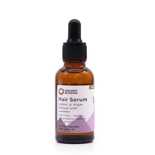Bio-Lavendel Haarserum mit Pipette in brauner Glasflasche.