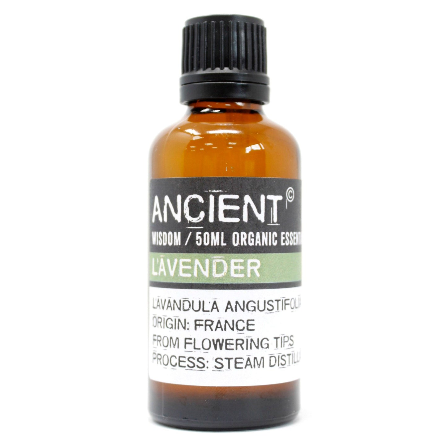 Bio Lavendelöl 50ml von Ancient Wisdom in brauner Glasflasche mit schwarzem Deckel.
