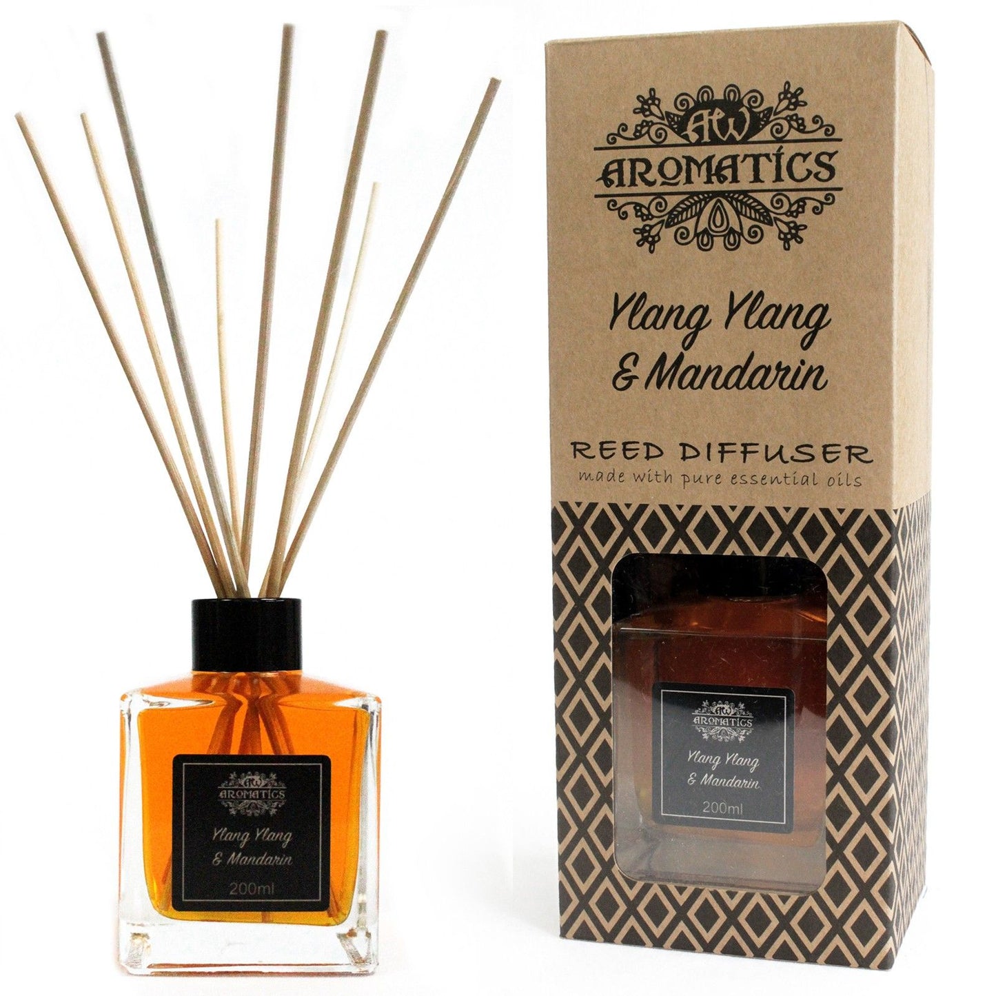 200ml Raumduft Ylang Ylang & Mandarine mit Rattanstäbchen in Glasflasche.