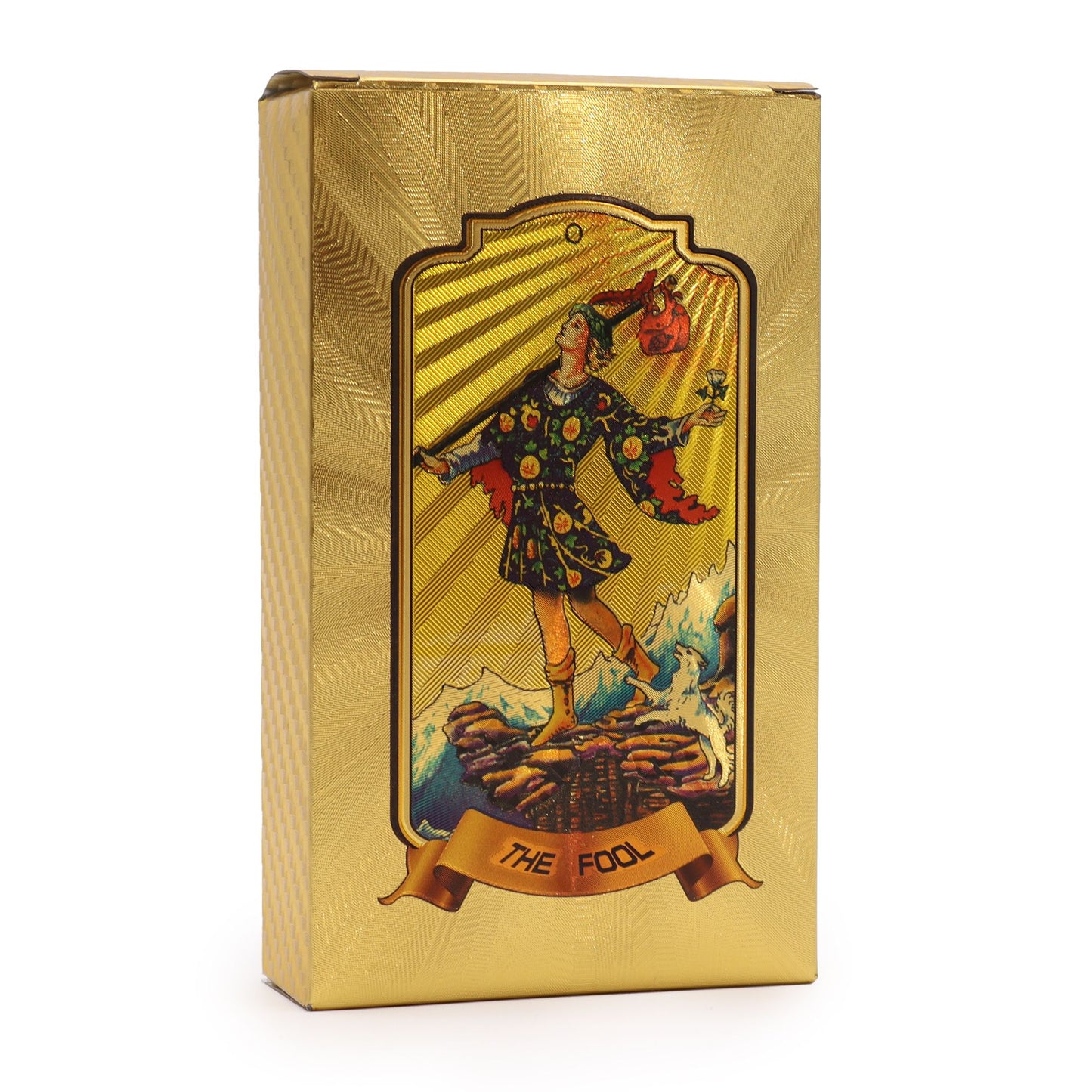 Goldenes Tarotkarten-Set mit dem Motiv "Der Narr" auf der Vorderseite.